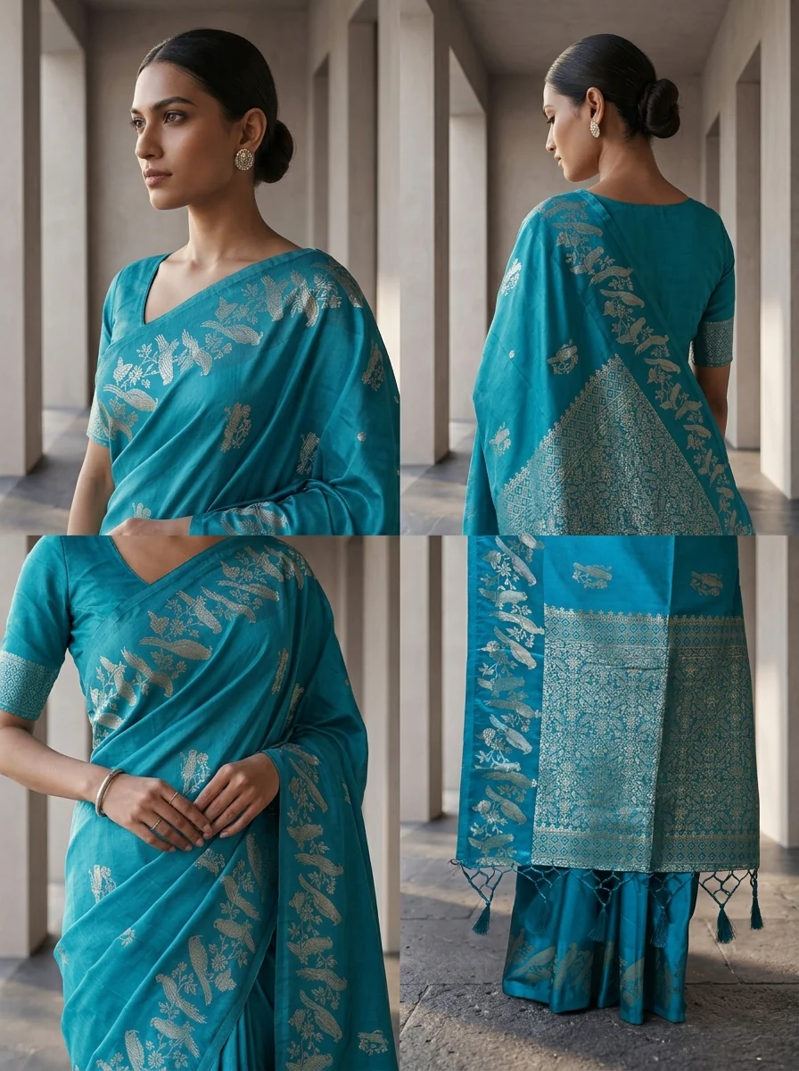 Sea Green Silk Kili Design Weaved Saree - Image 5
