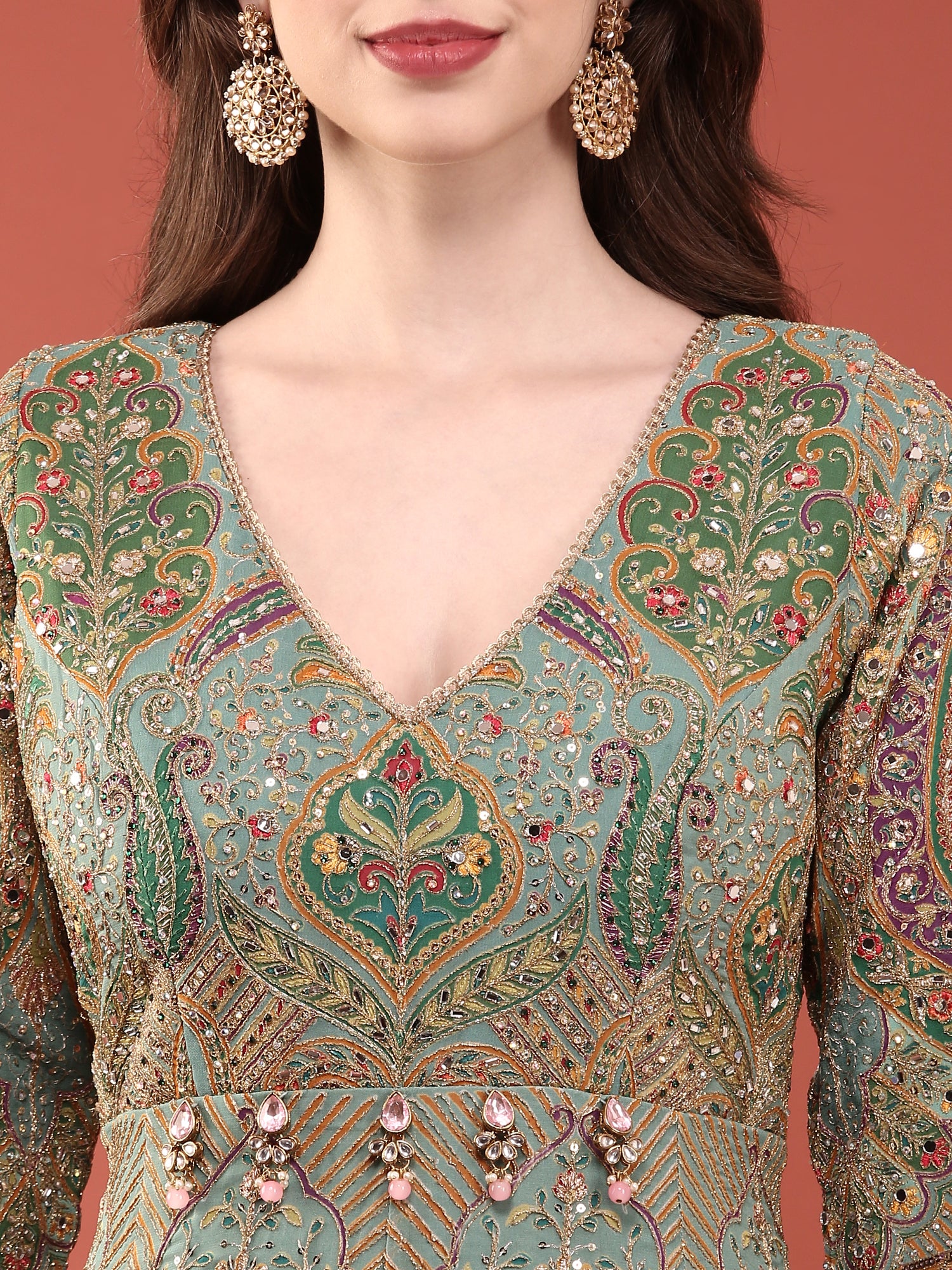Sea Green Silk Zari Embroidered Anarkali Set - Image 5