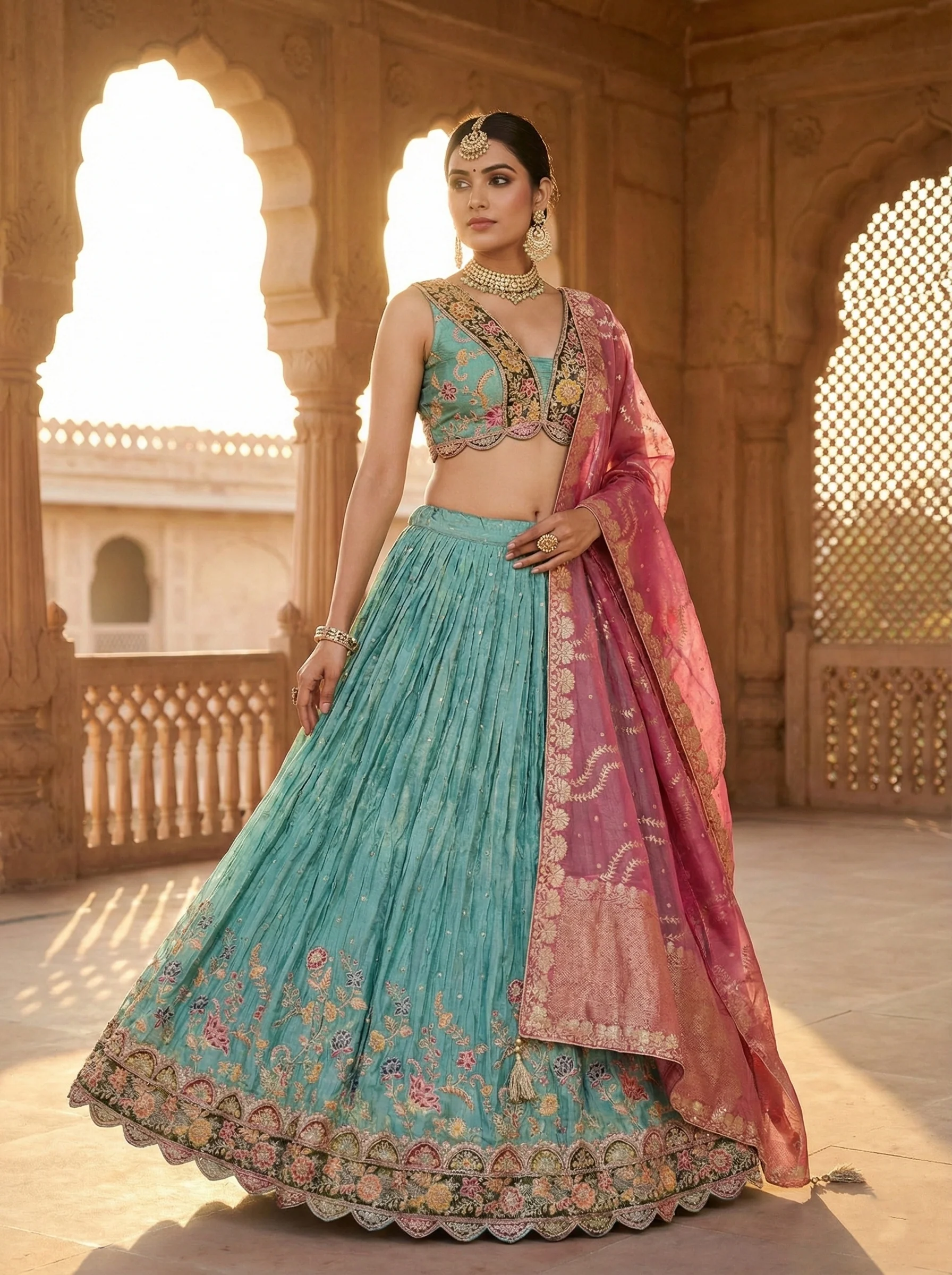 Sea Green Tissue Embroidery Ghagra Set