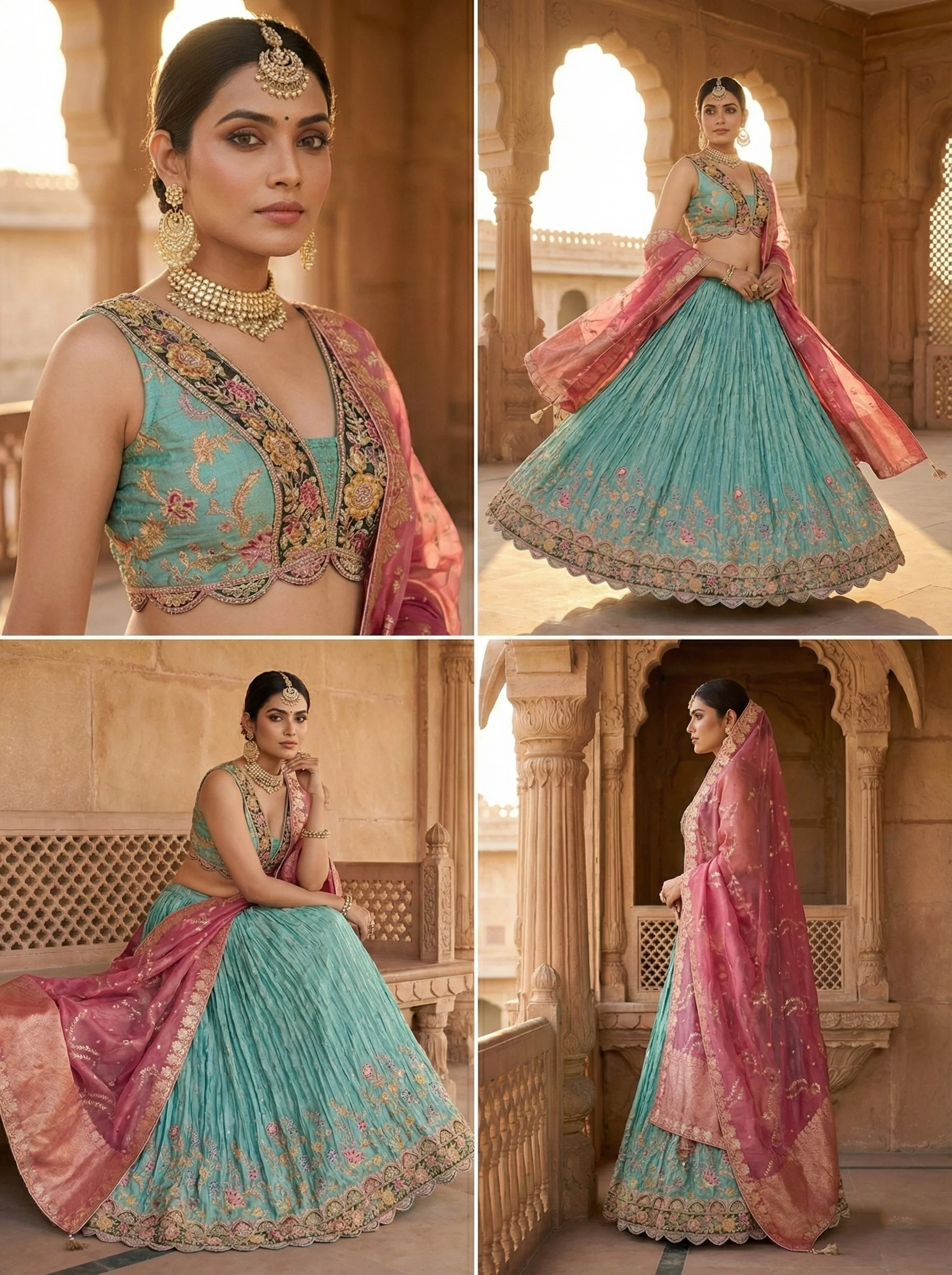 Sea Green Tissue Embroidery Ghagra Set - Image 2