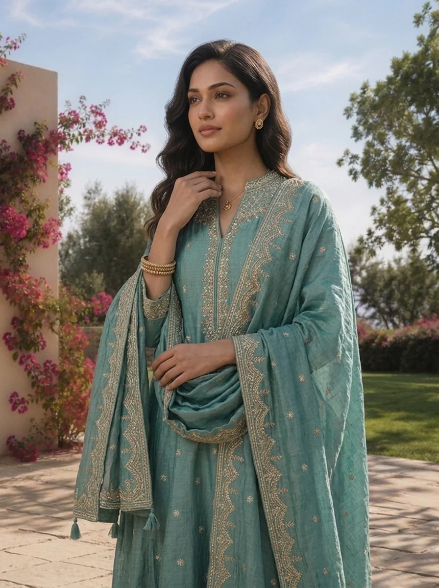 Sea Green Tissue Floral Zari Embroidered Three Piece Set - Image 3