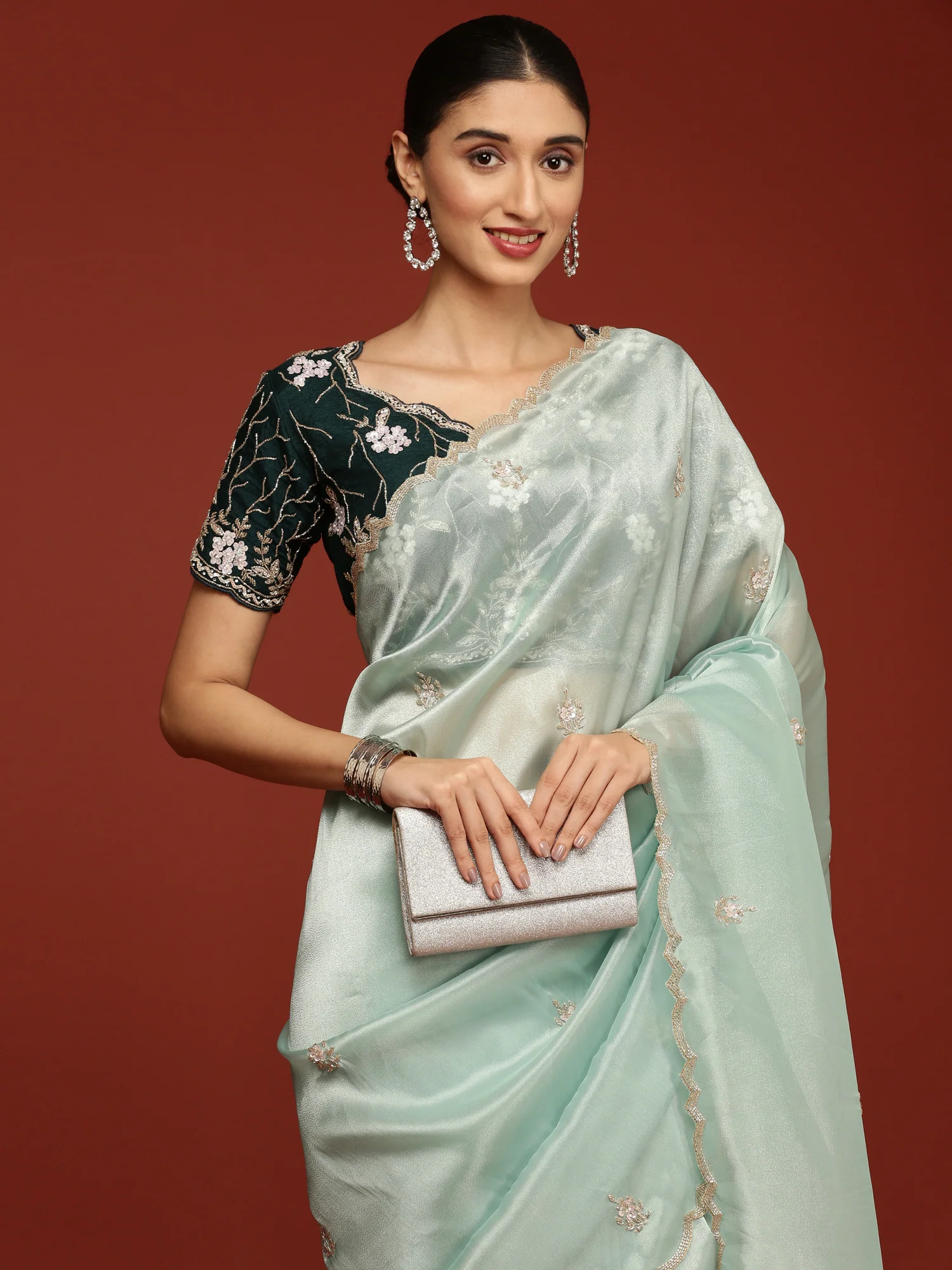 Sea Green Tissue Hand Embroidery Saree With Stone Work Readymade Blouse - Image 3