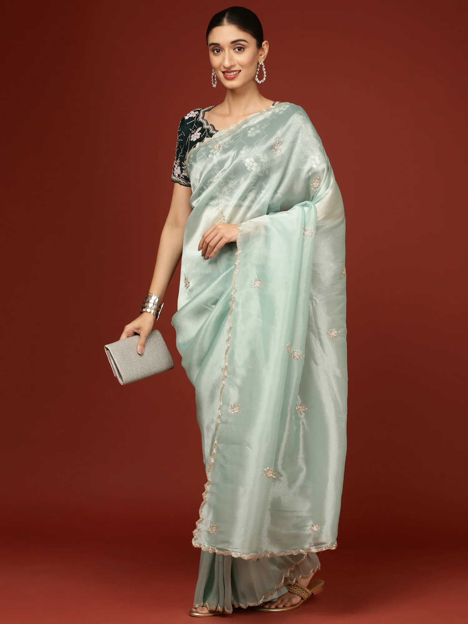 Sea Green Tissue Hand Embroidery Saree With Stone Work Readymade Blouse - Image 4