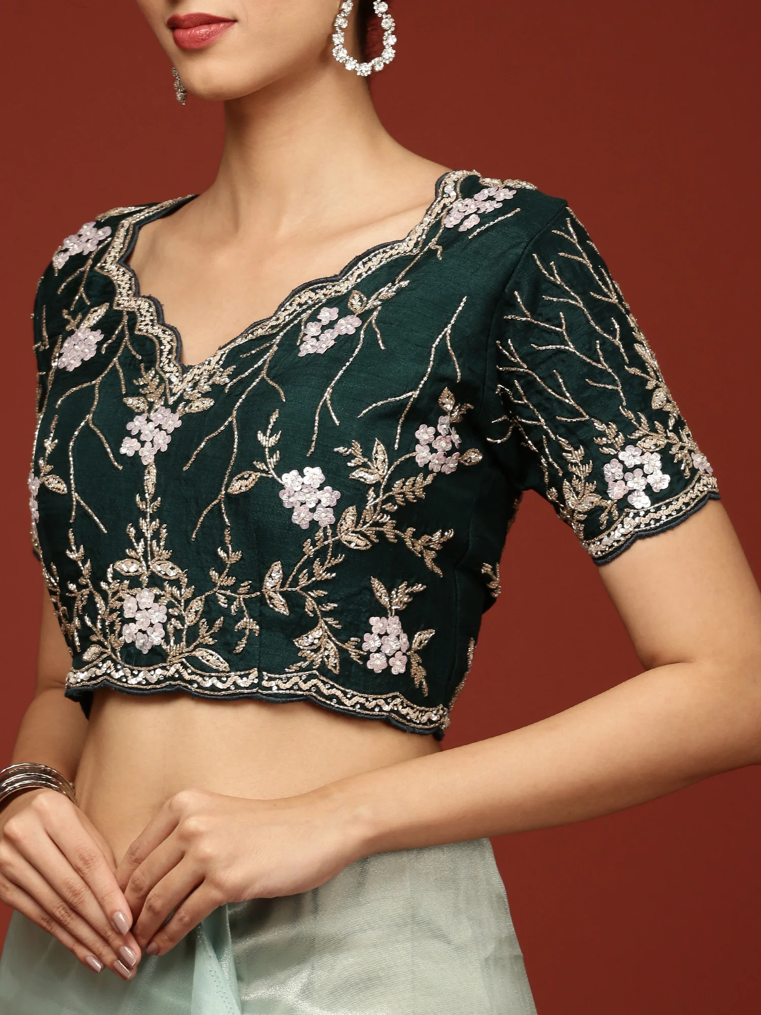 Sea Green Tissue Hand Embroidery Saree With Stone Work Readymade Blouse - Image 7