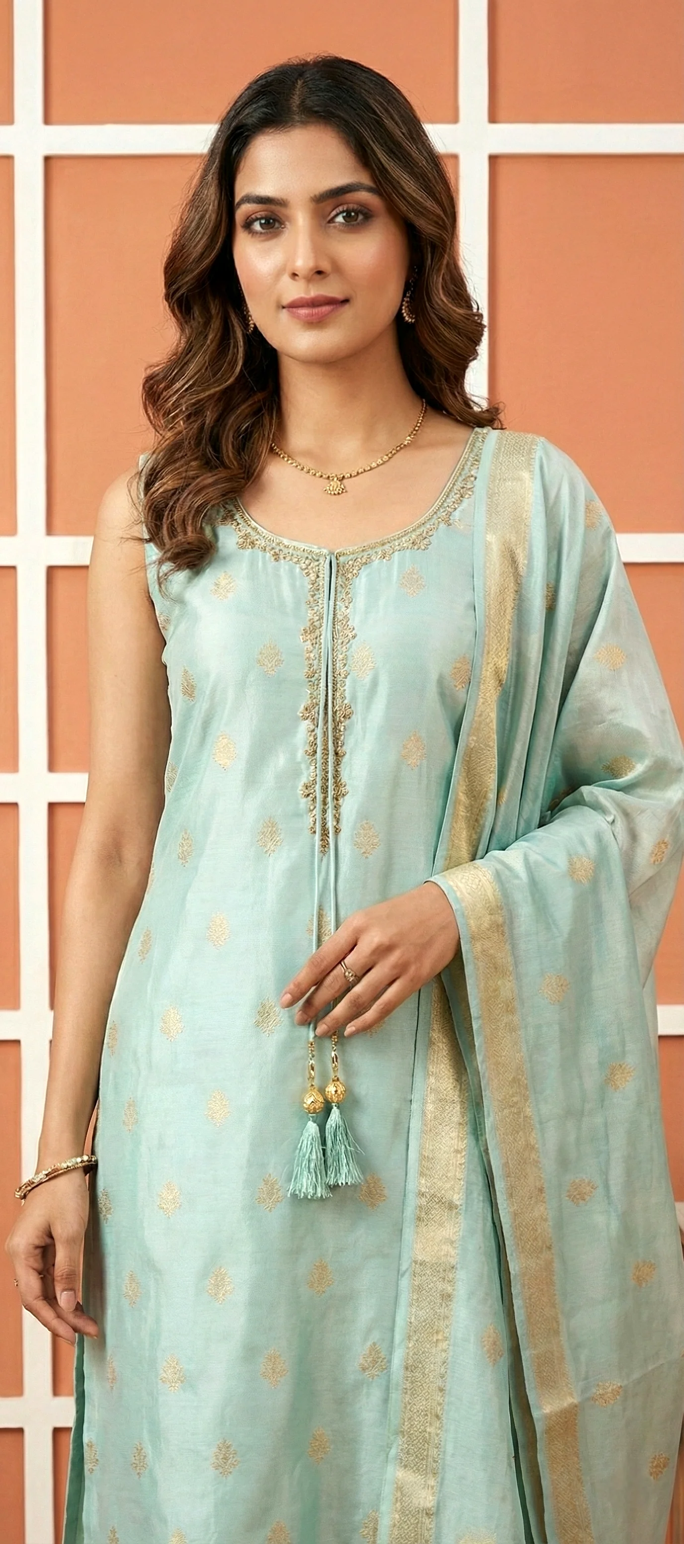 Sea Green Tissue Printed Three Piece Set - Image 2