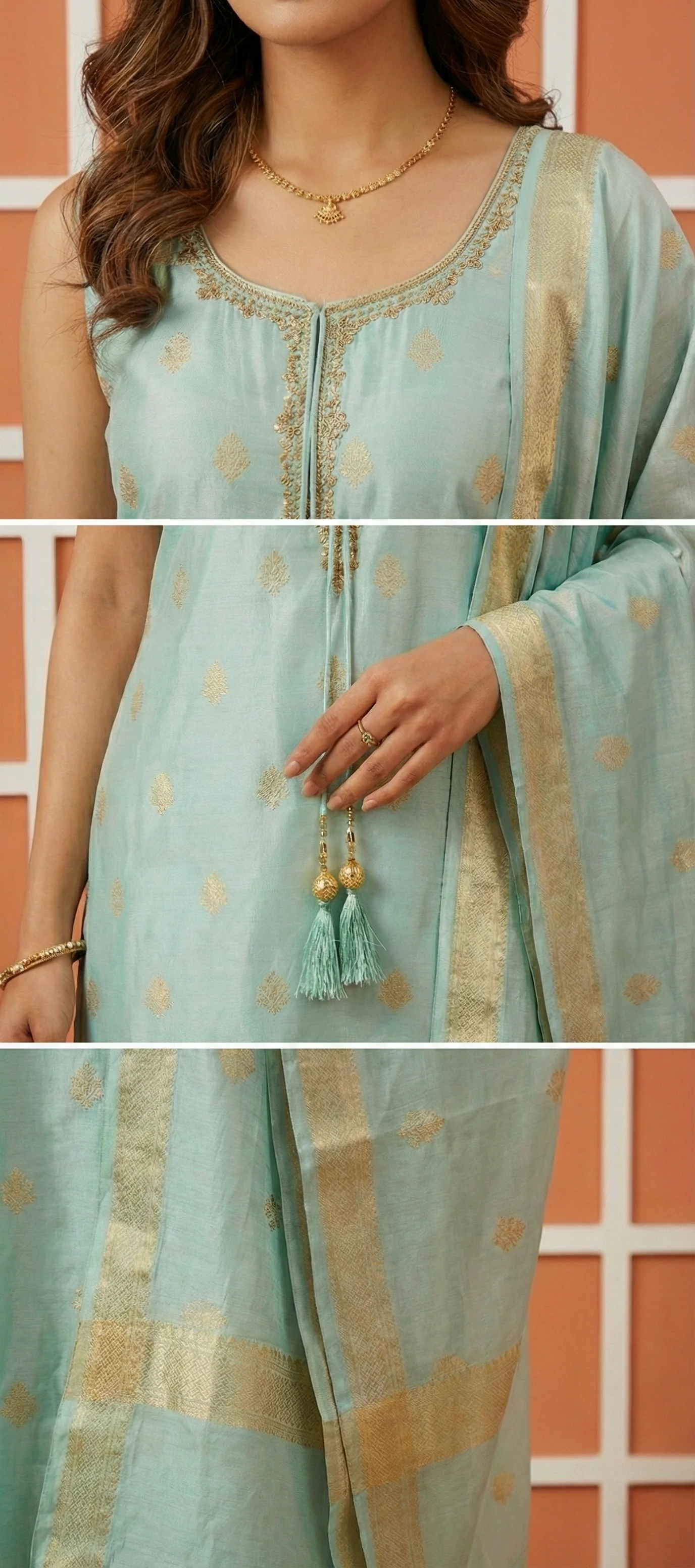 Sea Green Tissue Printed Three Piece Set - Image 3