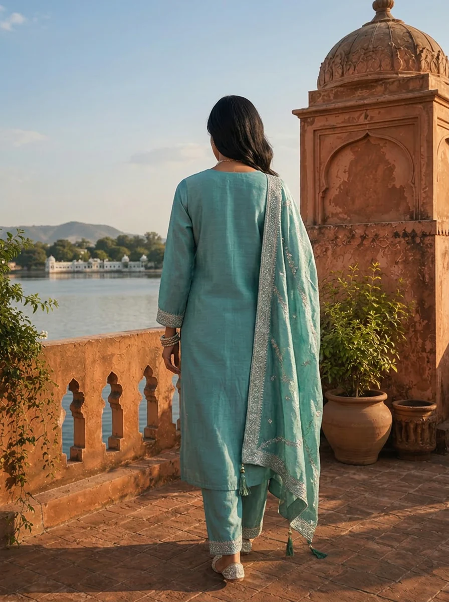 Sea Green Vichitra Silk Buti Embroidery Three Piece Set - Image 2
