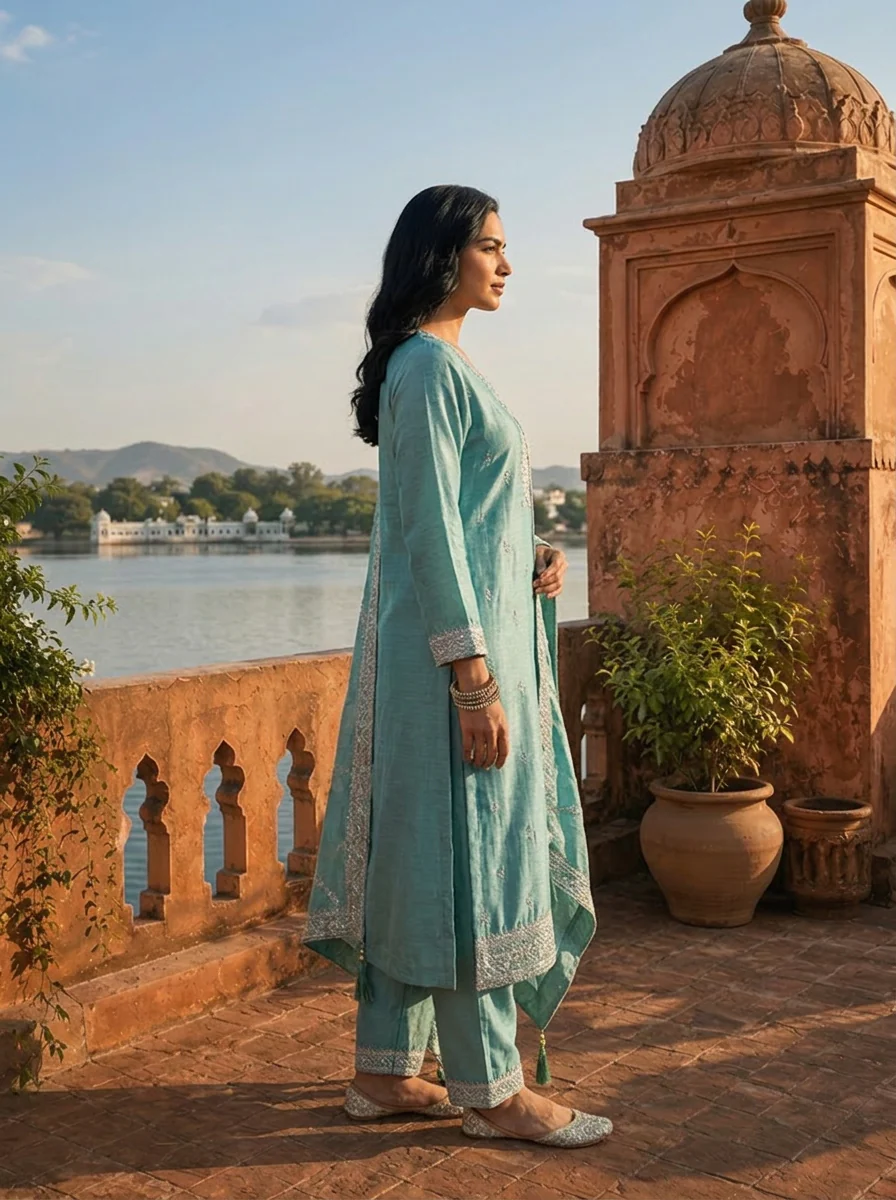 Sea Green Vichitra Silk Buti Embroidery Three Piece Set - Image 3
