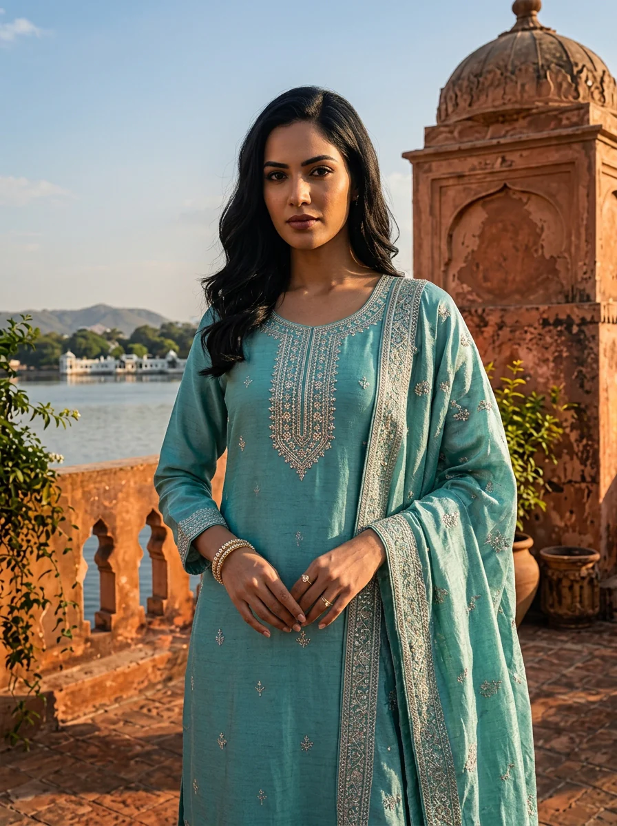 Sea Green Vichitra Silk Buti Embroidery Three Piece Set - Image 4