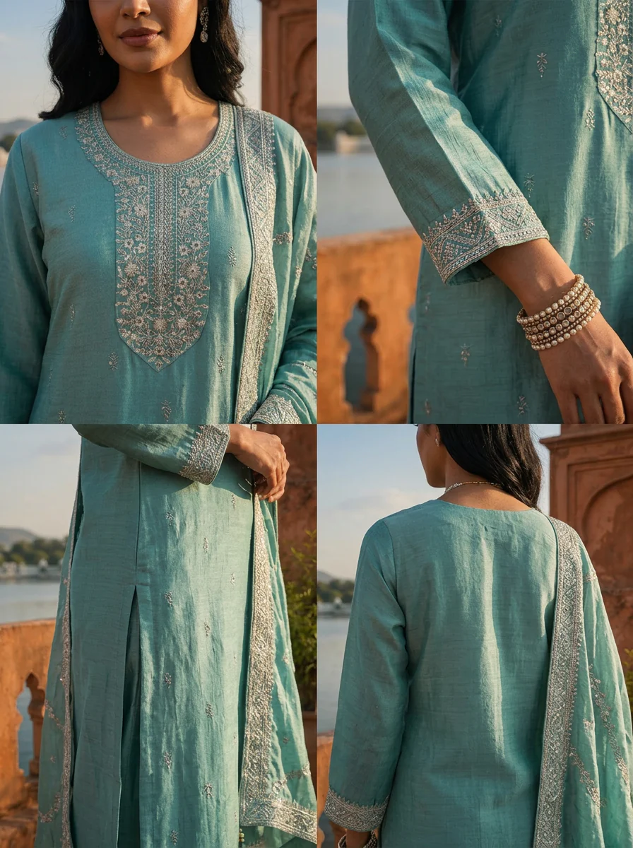 Sea Green Vichitra Silk Buti Embroidery Three Piece Set - Image 5