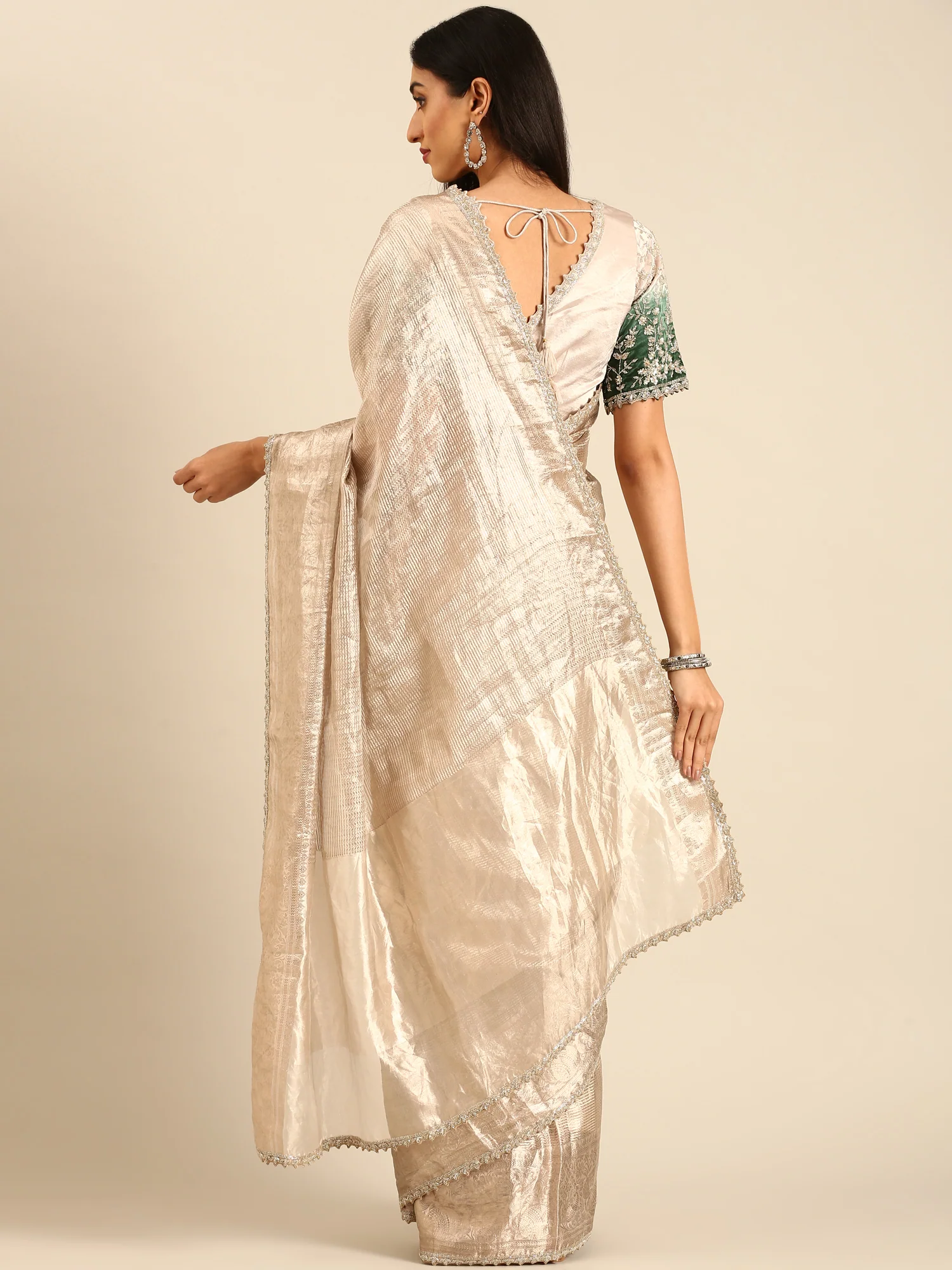 Silver Tissue Saree Silver Zari Allover Work Heavy Green Contrast Blouse Readymade Blouse - Image 2