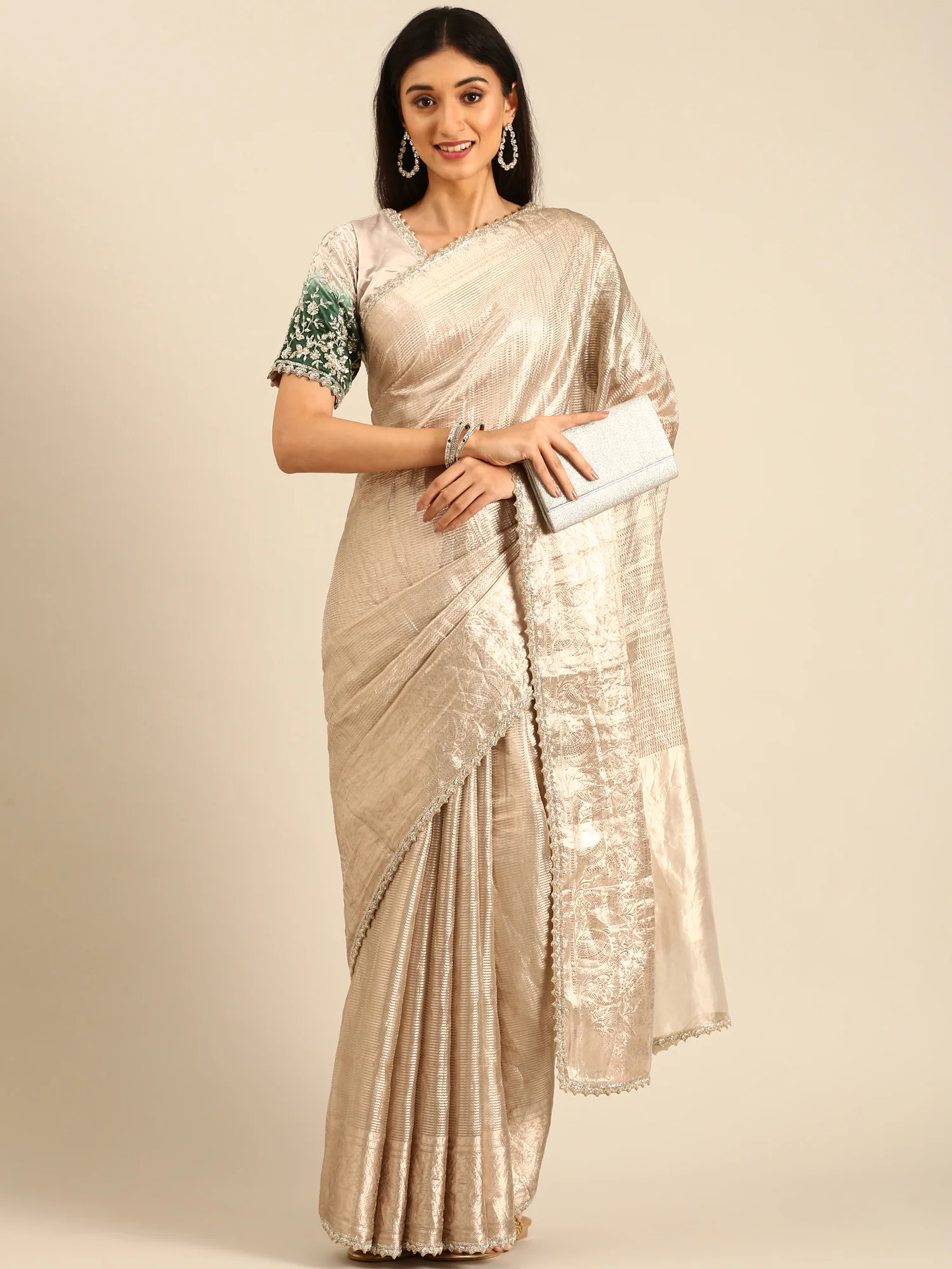 Silver Tissue Saree Silver Zari Allover Work Heavy Green Contrast Blouse Readymade Blouse - Image 4