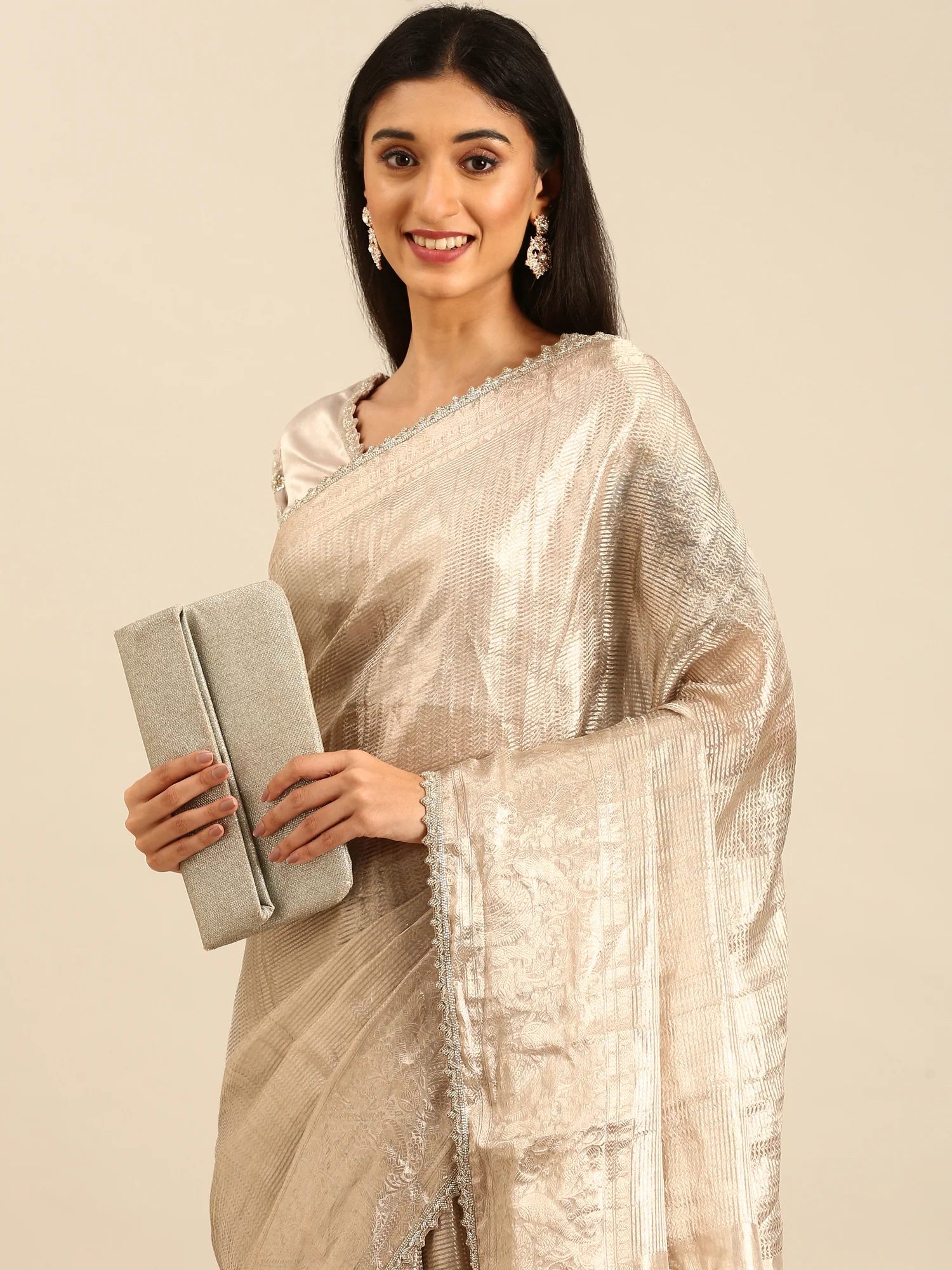 Silver Tissue Zari Saree With Hand Embroidery And Heavy Ready Made Blouse - Image 3