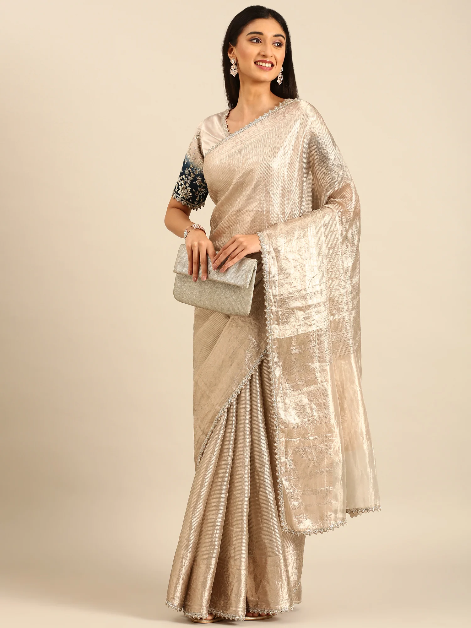 Silver Tissue Zari Saree With Hand Embroidery And Heavy Ready Made Blouse - Image 4