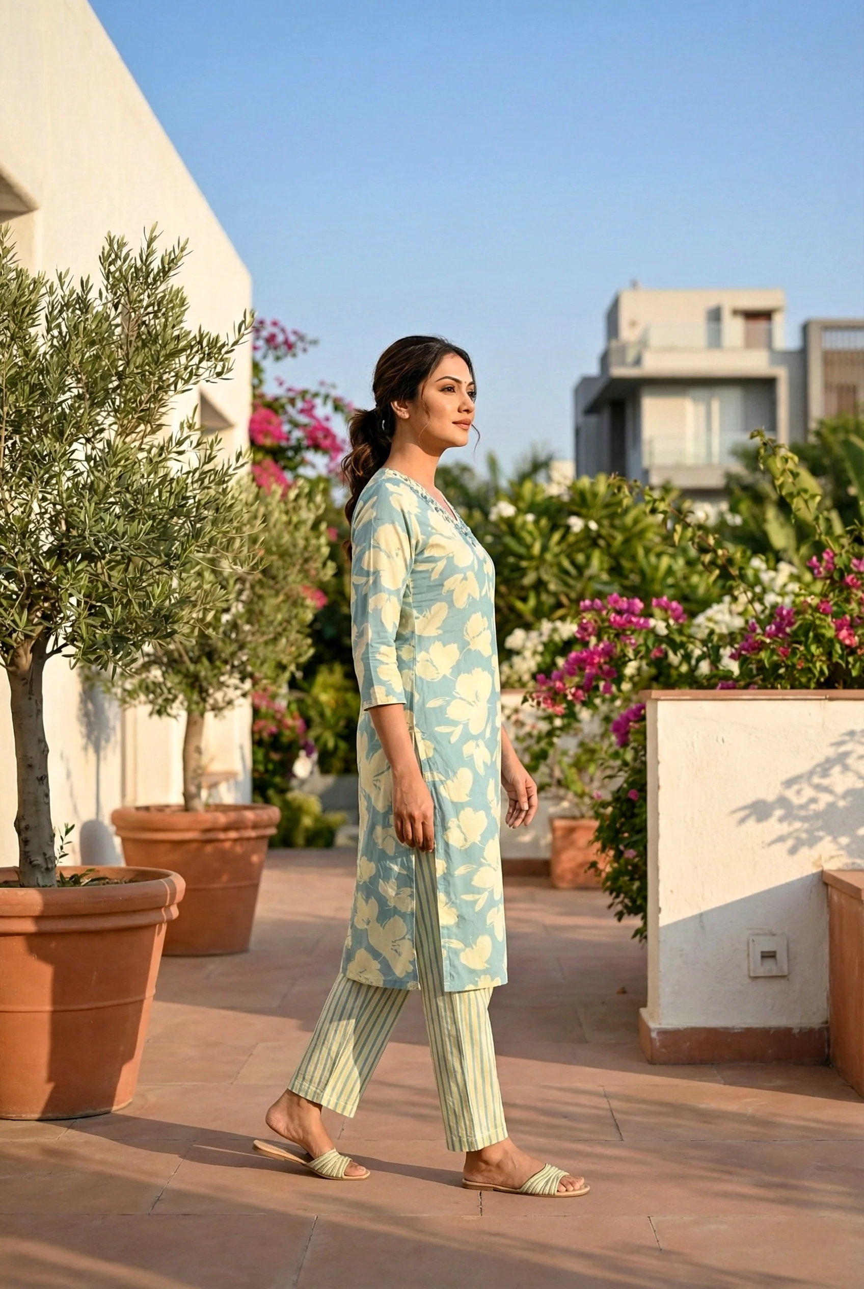 Sky Blue Cotton Floral Hand Embroidery Two Piece Set - Image 2
