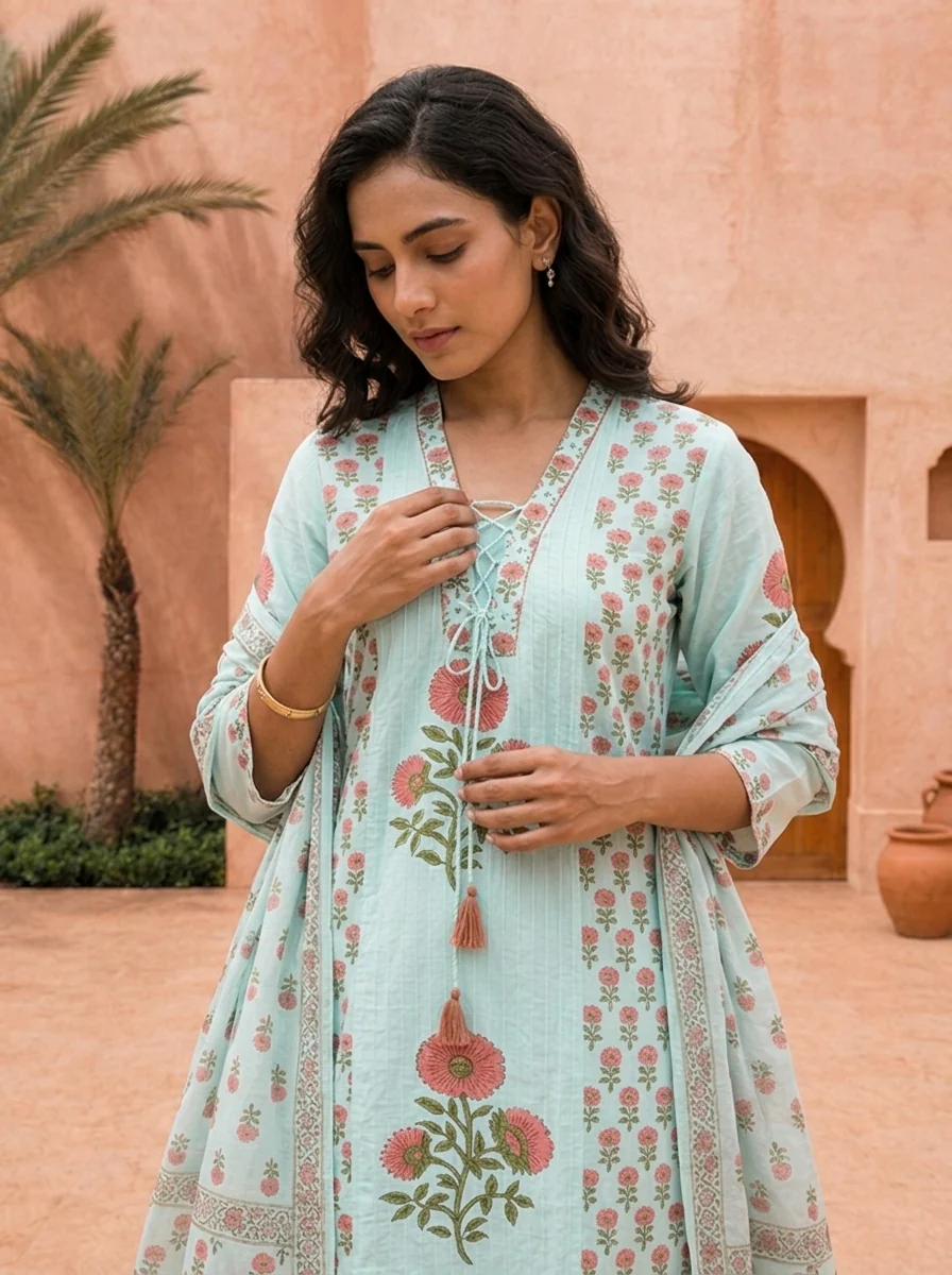 Sky Blue Cotton Floral Printed And Hand Embroidered Three Piece Set