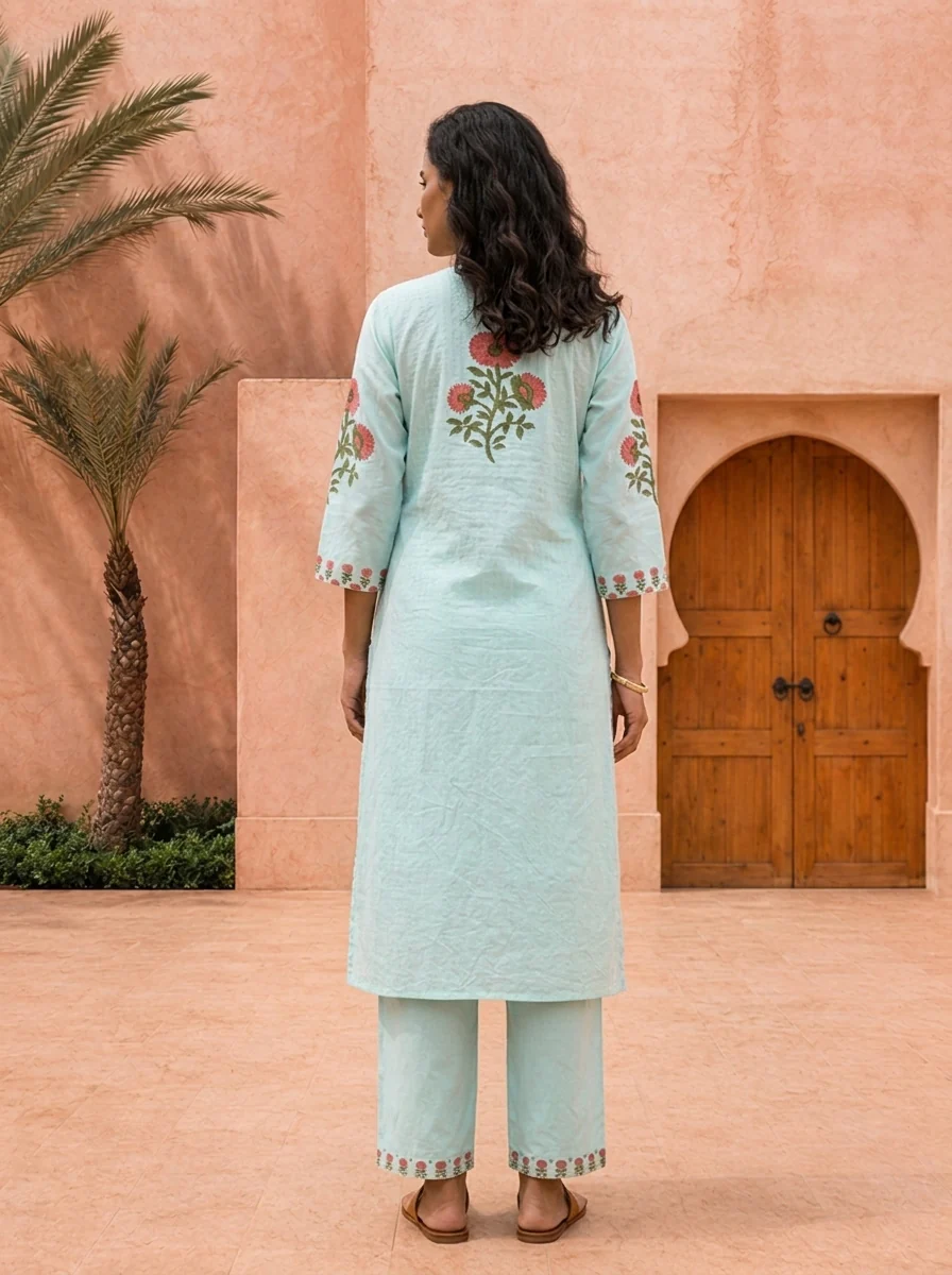 Sky Blue Cotton Floral Printed And Hand Embroidered Three Piece Set - Image 3