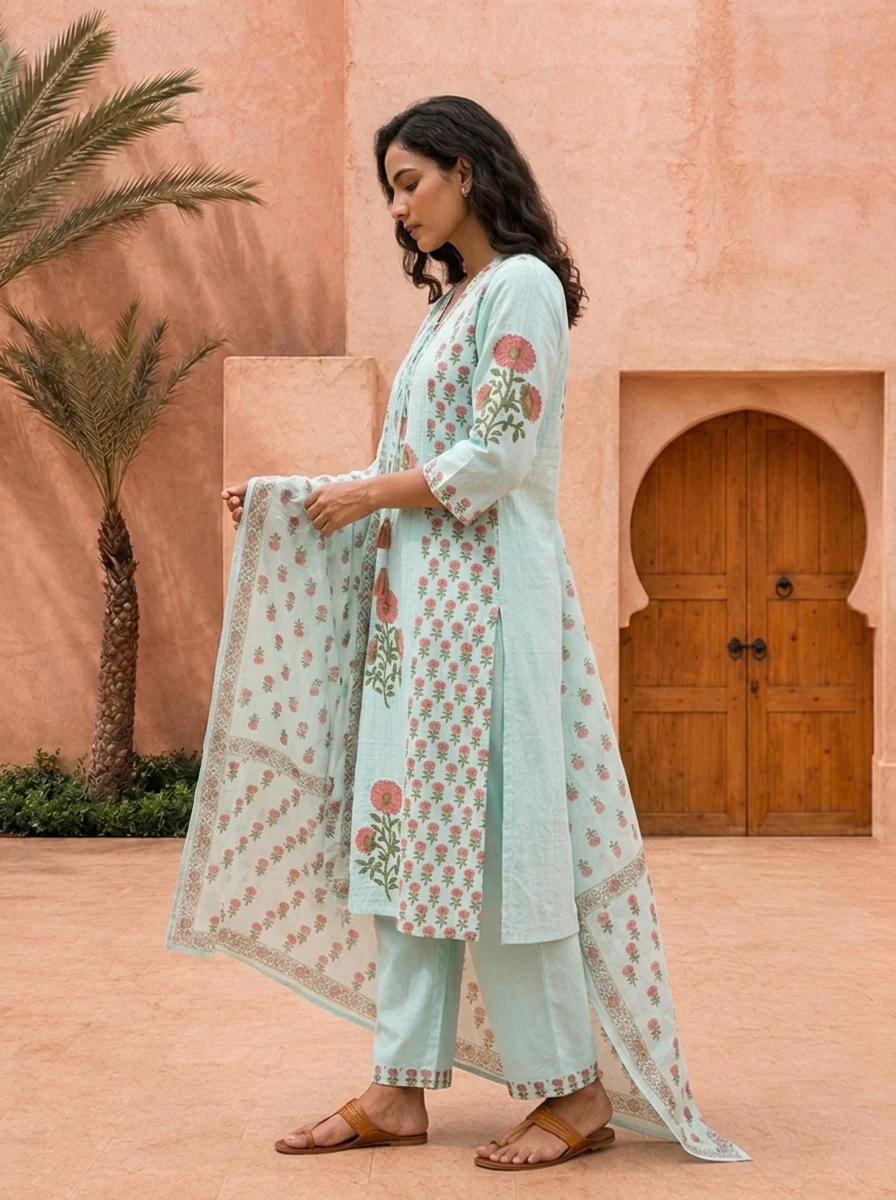 Sky Blue Cotton Floral Printed And Hand Embroidered Three Piece Set - Image 4