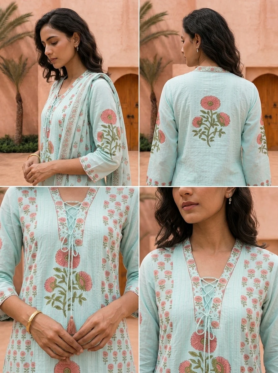 Sky Blue Cotton Floral Printed And Hand Embroidered Three Piece Set - Image 5