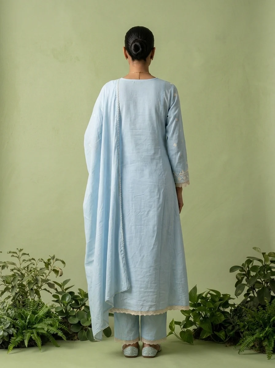Sky Blue Cotton Thread Embroidery Three Piece Set - Image 3