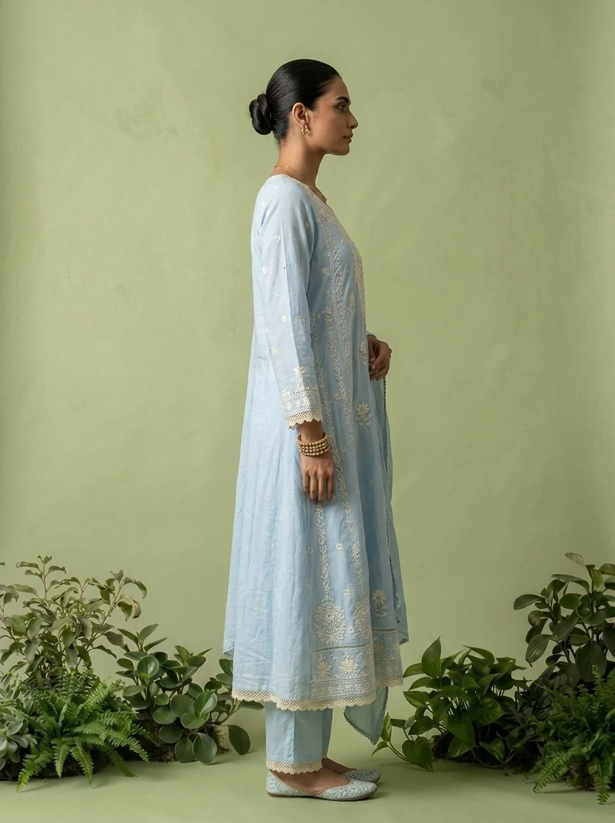 Sky Blue Cotton Thread Embroidery Three Piece Set - Image 4