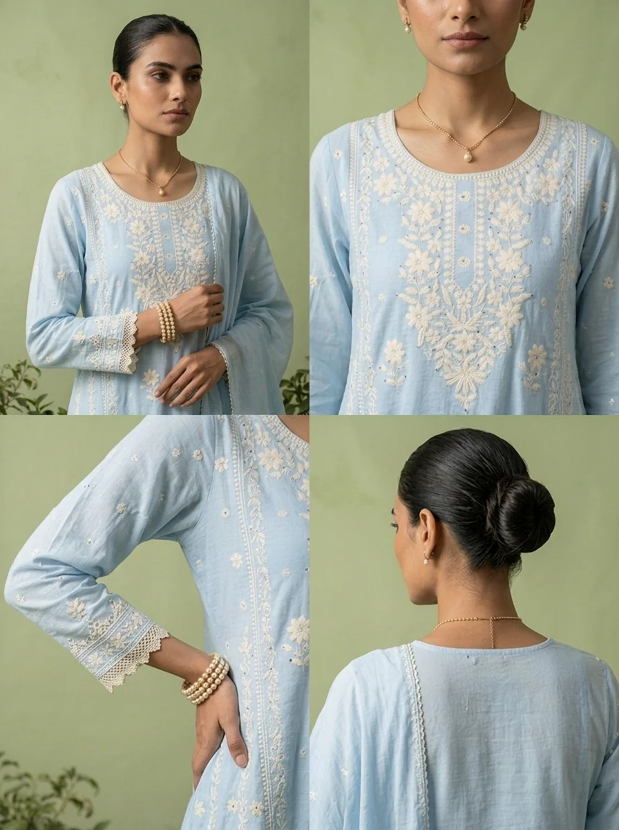 Sky Blue Cotton Thread Embroidery Three Piece Set - Image 5
