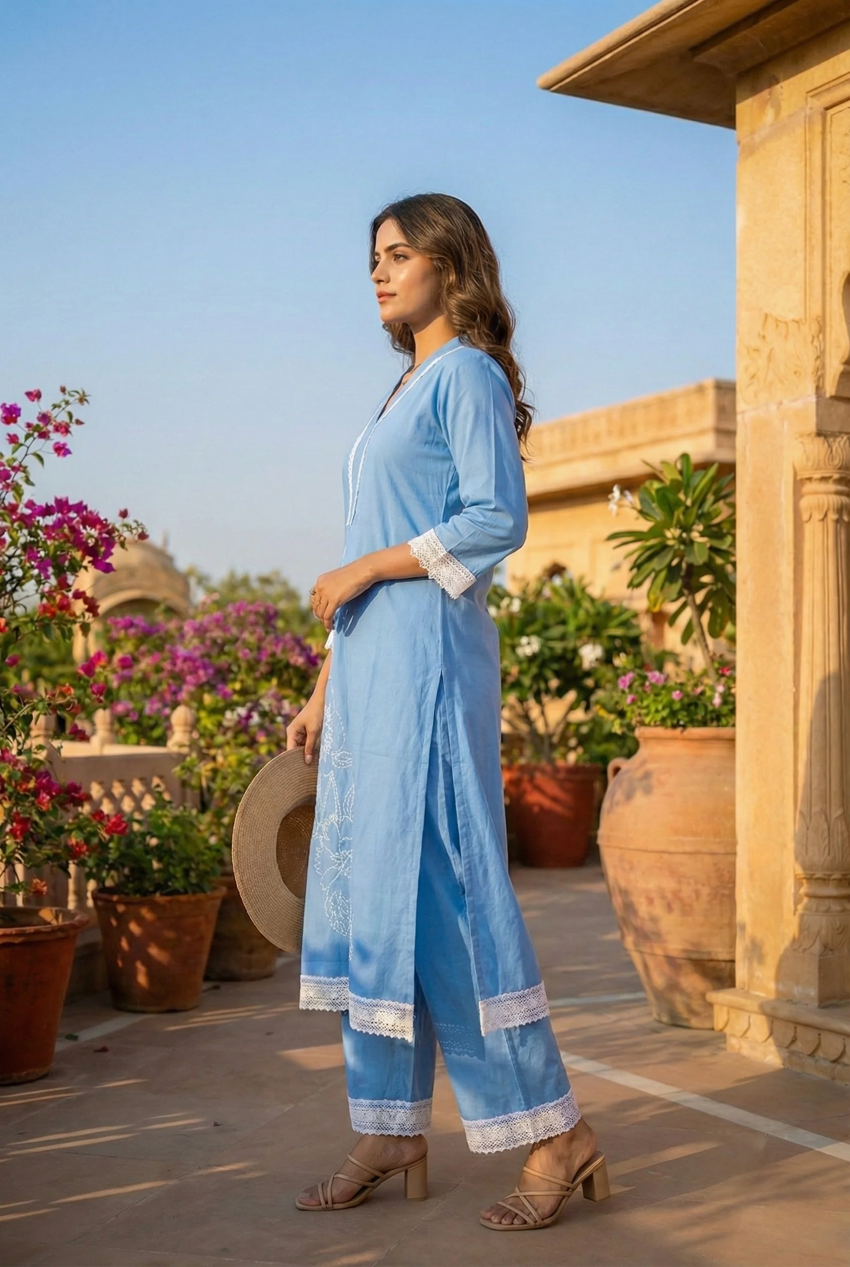 Sky Blue Cotton Thread Embroidery Two Piece Set - Image 3