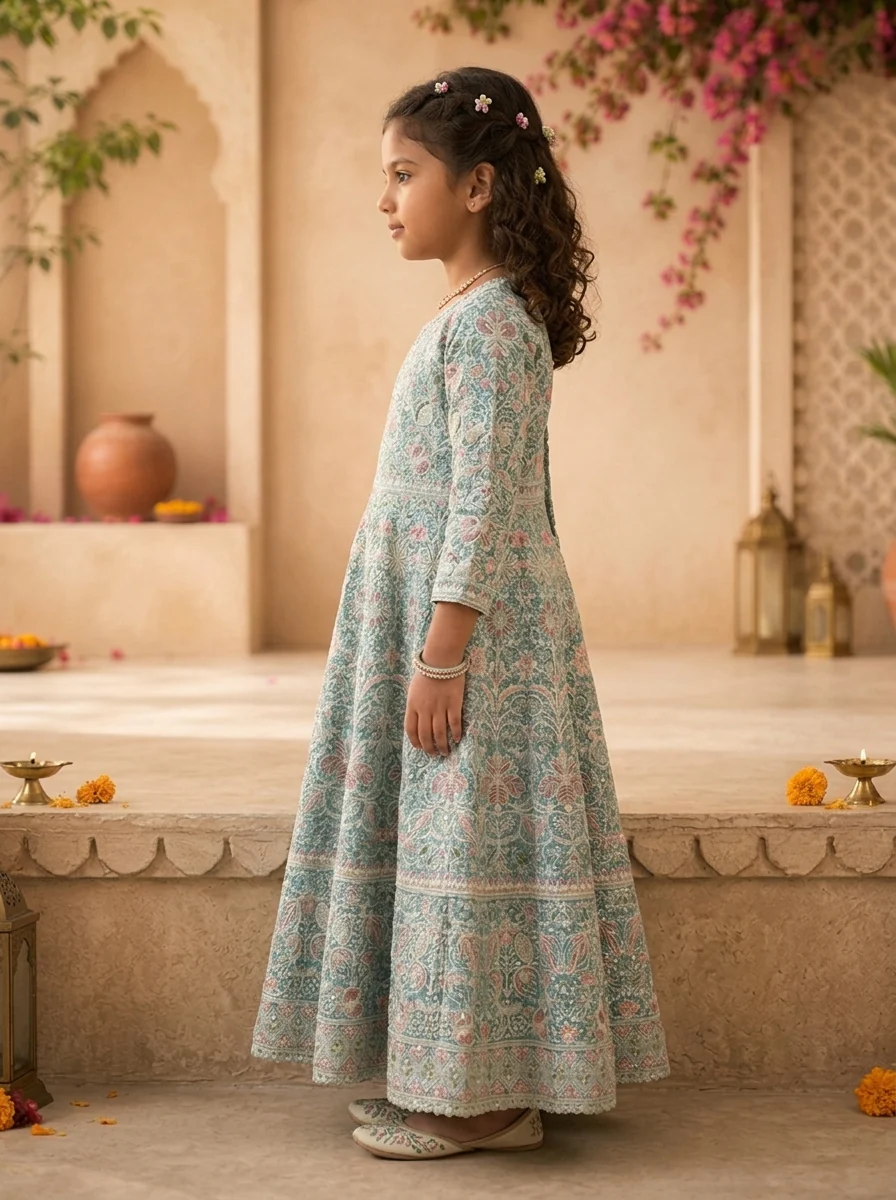 Sky Blue Georgette Traditional Ajrakh Block Embroidered Dress - Image 3