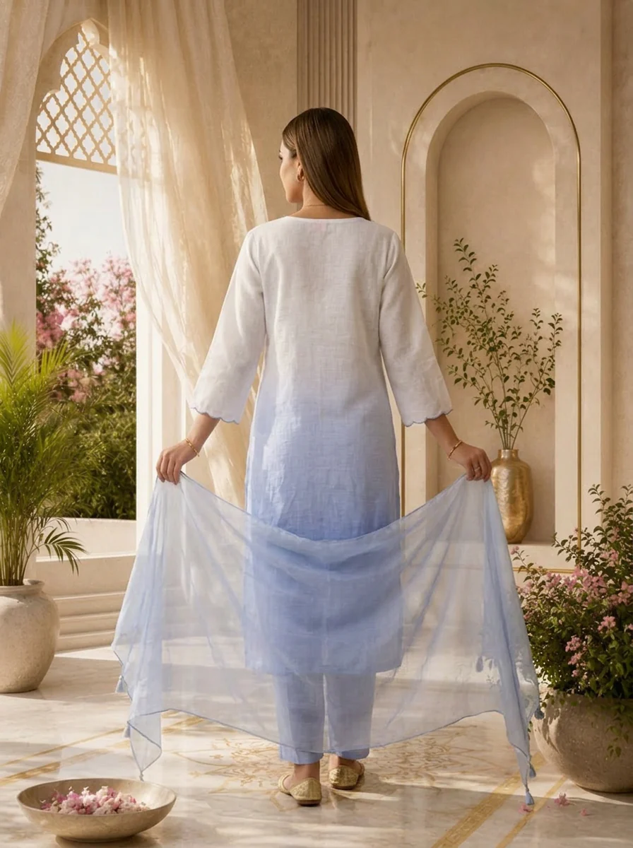 Sky Blue Hand Embroidered Linen Three Piece Set - Image 3