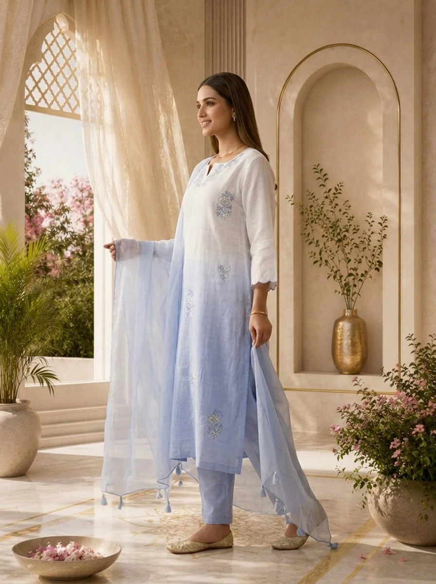 Sky Blue Hand Embroidered Linen Three Piece Set - Image 4
