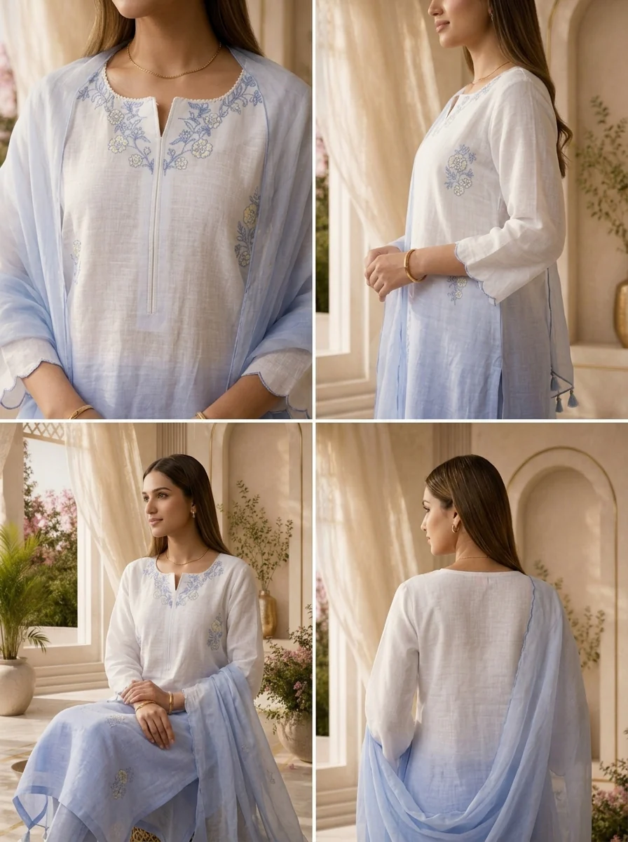 Sky Blue Hand Embroidered Linen Three Piece Set - Image 5