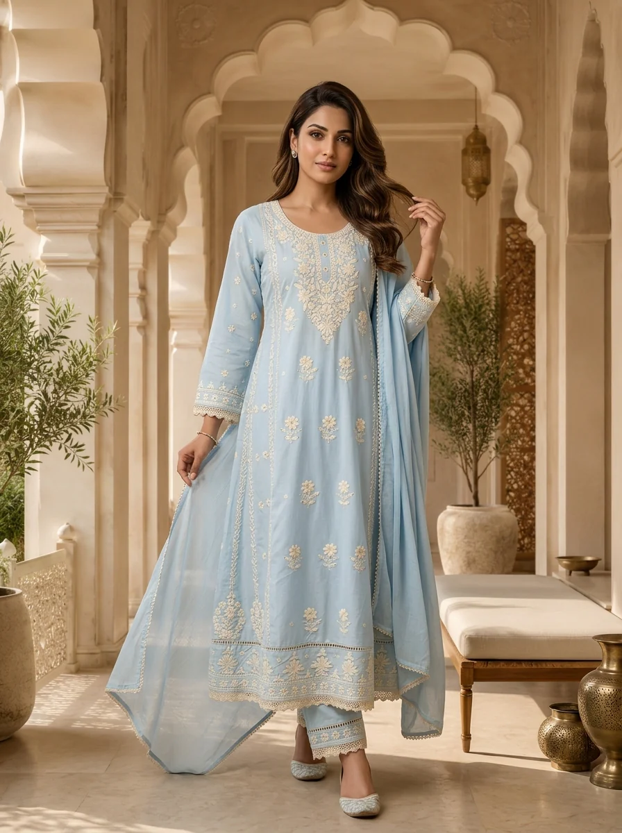 Sky Blue Heavy Floral Thread Embroidered Three Piece Set - Image 2