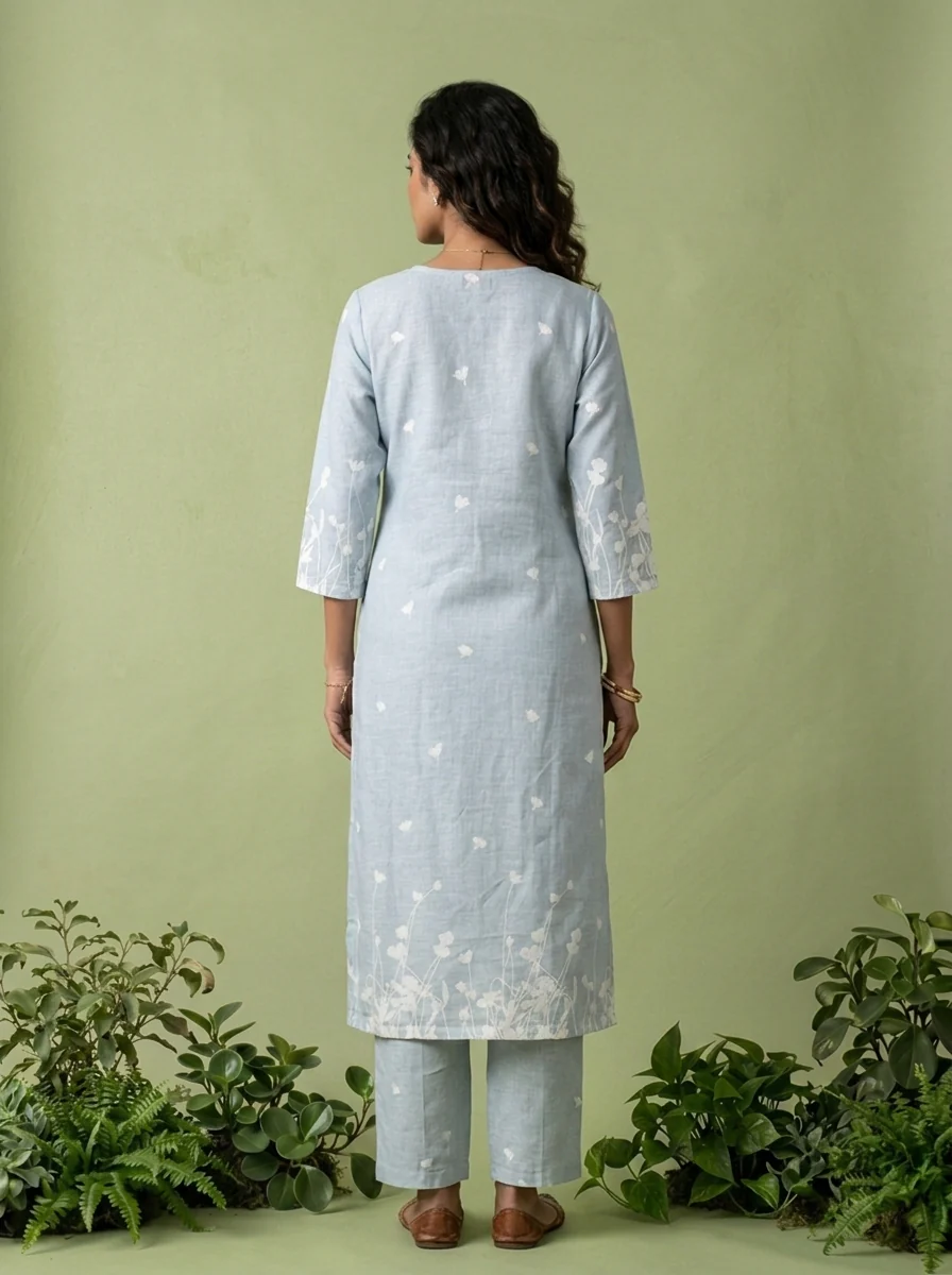 Sky Blue Linen Floral Printed Two Piece Set - Image 2