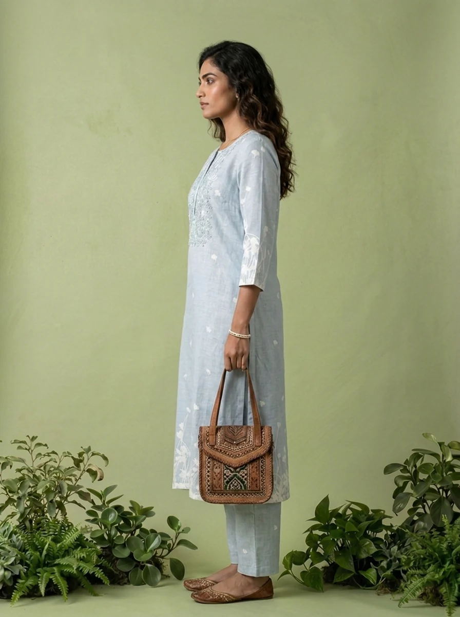 Sky Blue Linen Floral Printed Two Piece Set - Image 3