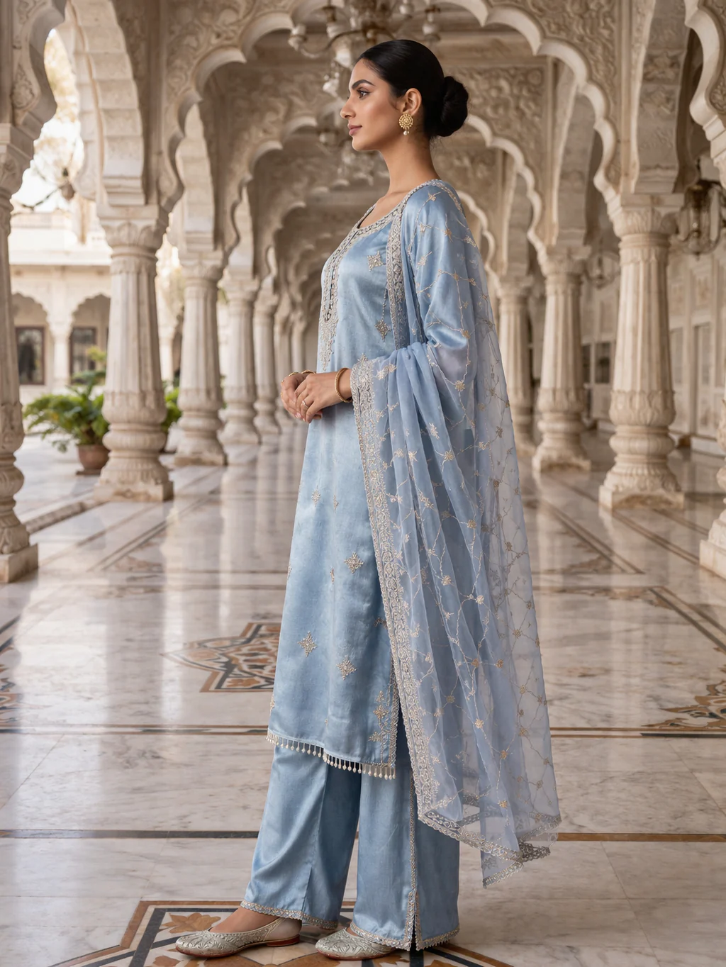 Sky Blue Organza Heavy Sequins Zari Embroidered Three Piece Set - Image 2