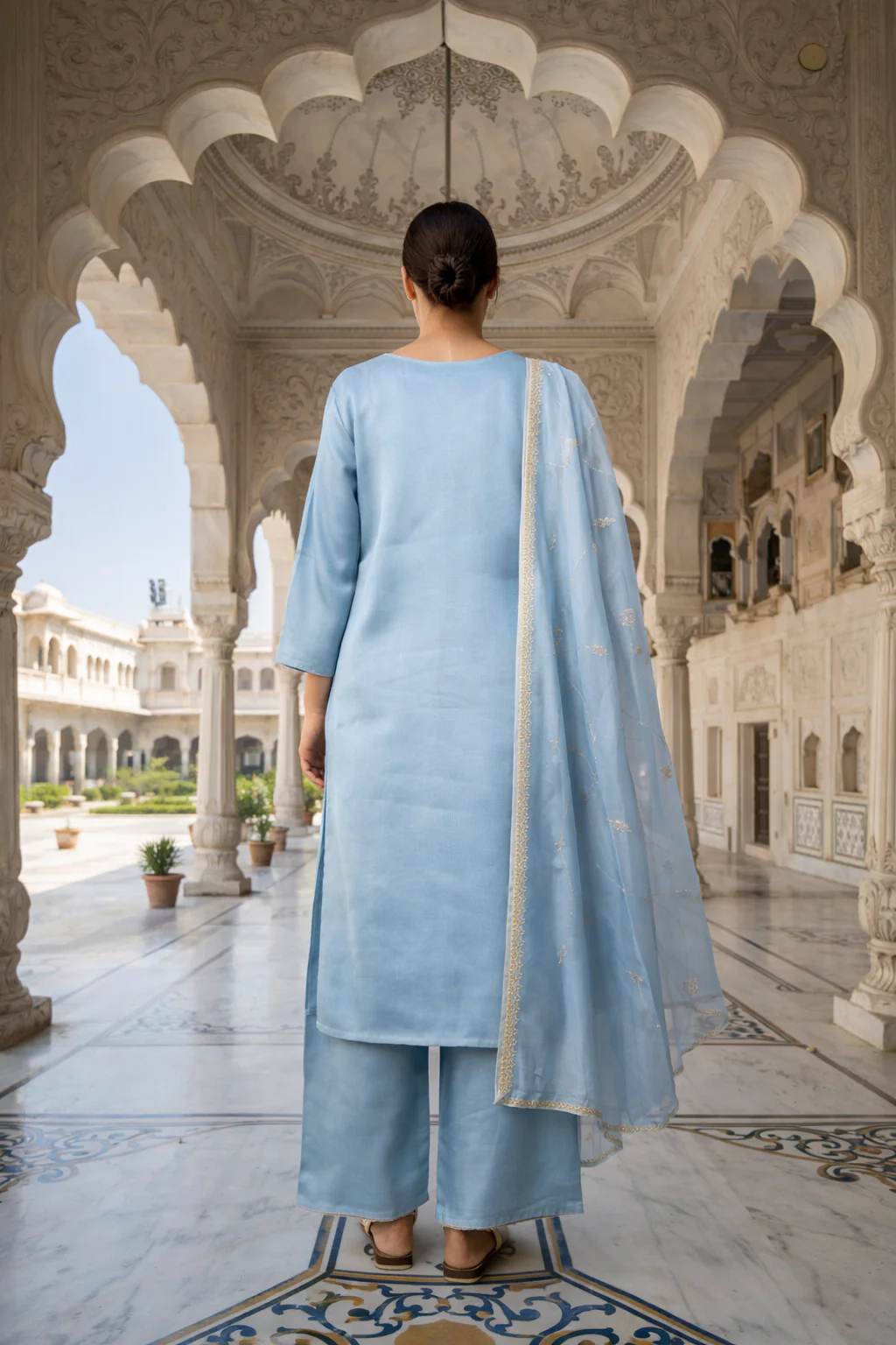 Sky Blue Organza Heavy Sequins Zari Embroidered Three Piece Set - Image 3
