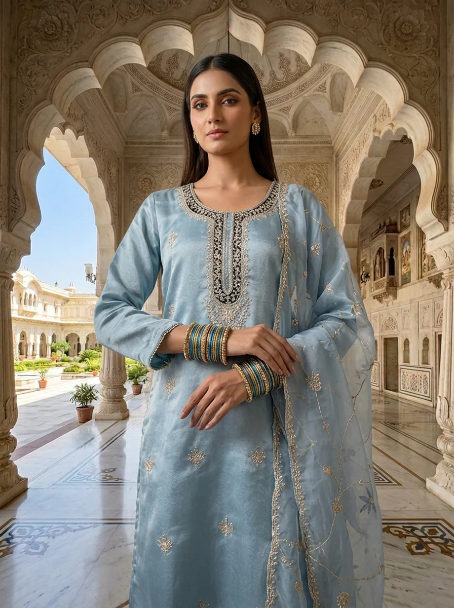 Sky Blue Organza Heavy Sequins Zari Embroidered Three Piece Set - Image 4