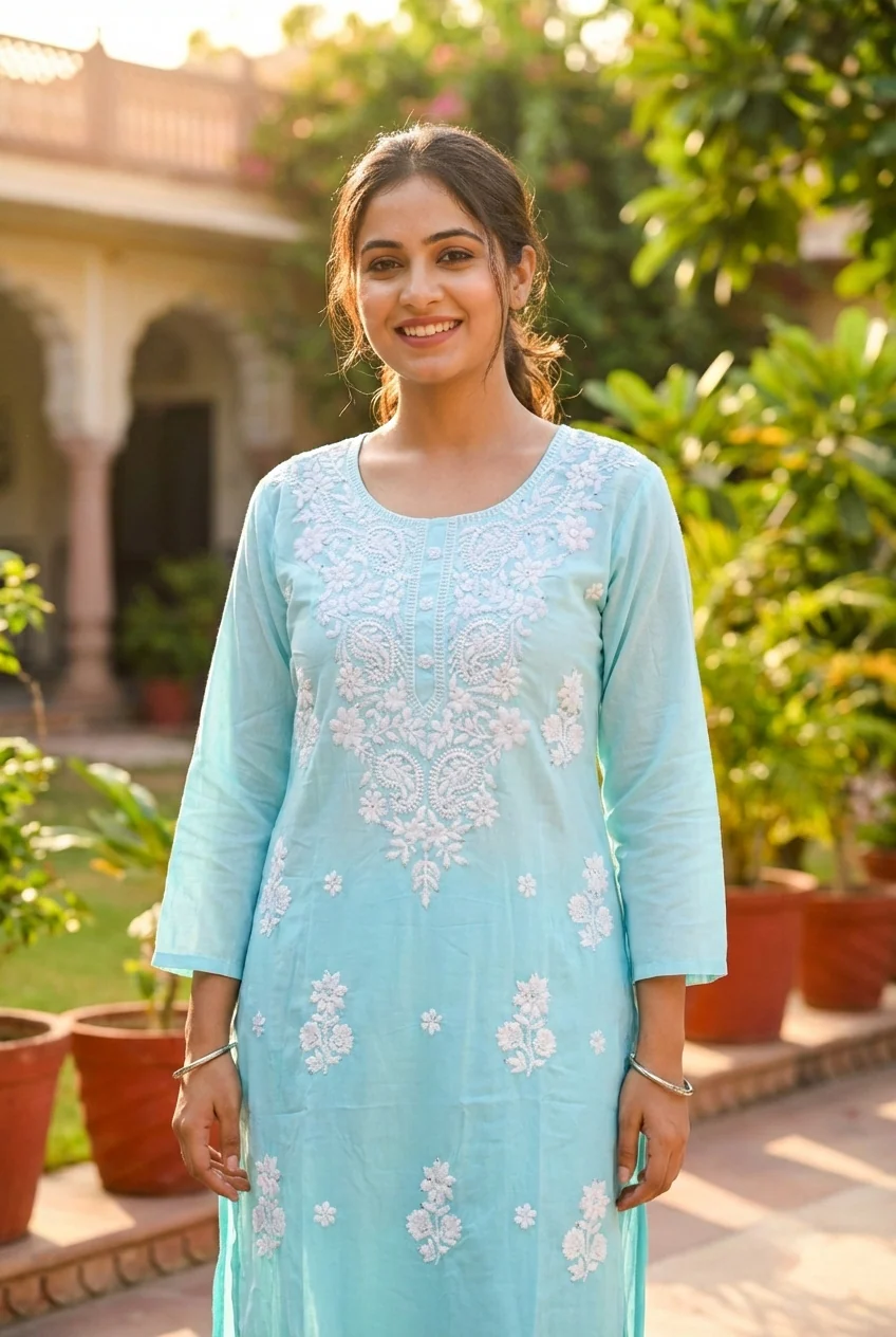 Sky Blue Rayon Floral Hand Embroidery Kurta - Image 2