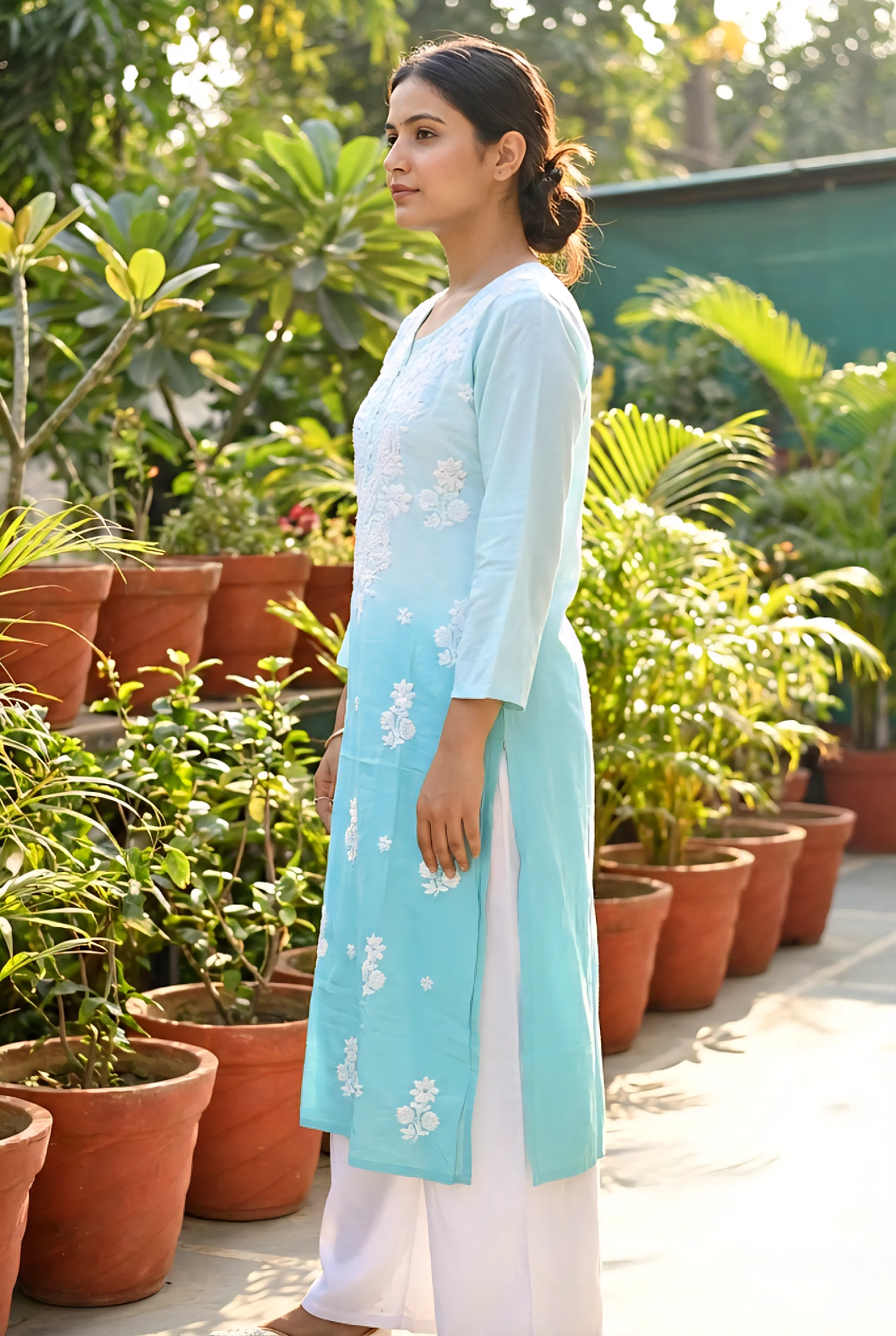Sky Blue Rayon Floral Hand Embroidery Kurta - Image 3