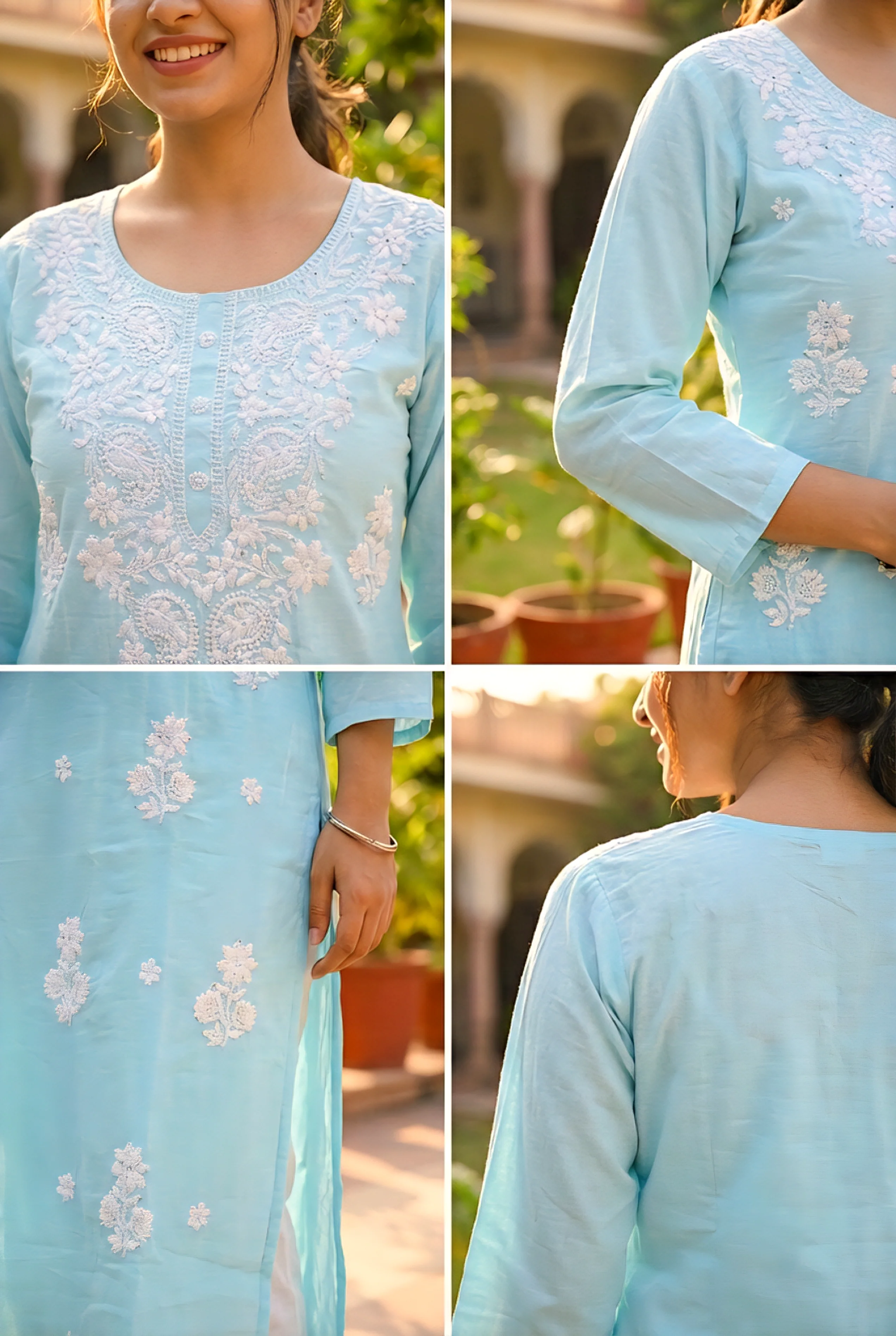 Sky Blue Rayon Floral Hand Embroidery Kurta - Image 4