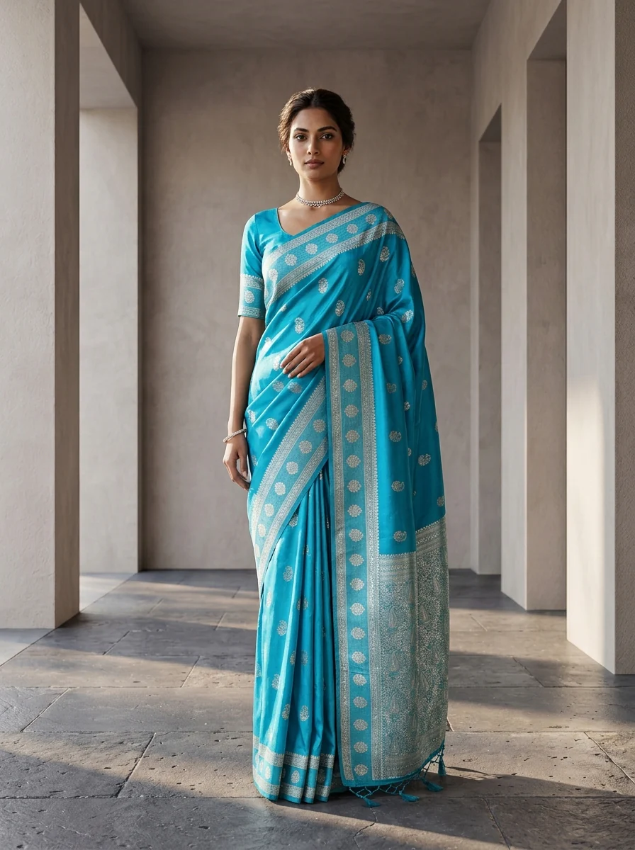 Sky Blue Silk Saree With Silver Zari Woven Border and Buti Design