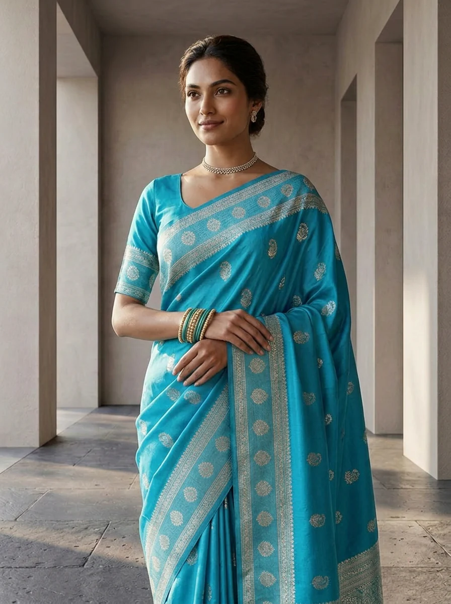 Sky Blue Silk Saree With Silver Zari Woven Border and Buti Design - Image 2