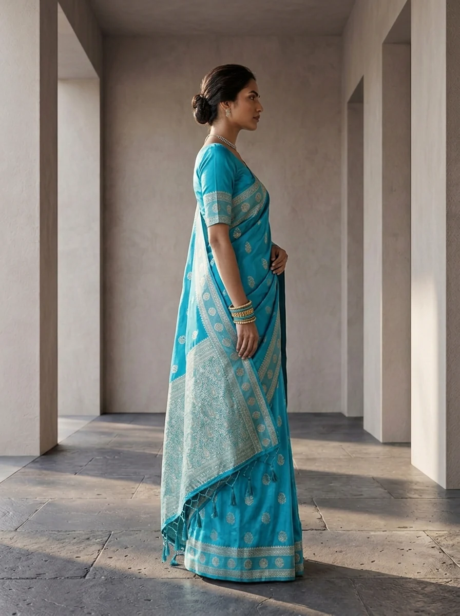 Sky Blue Silk Saree With Silver Zari Woven Border and Buti Design - Image 3