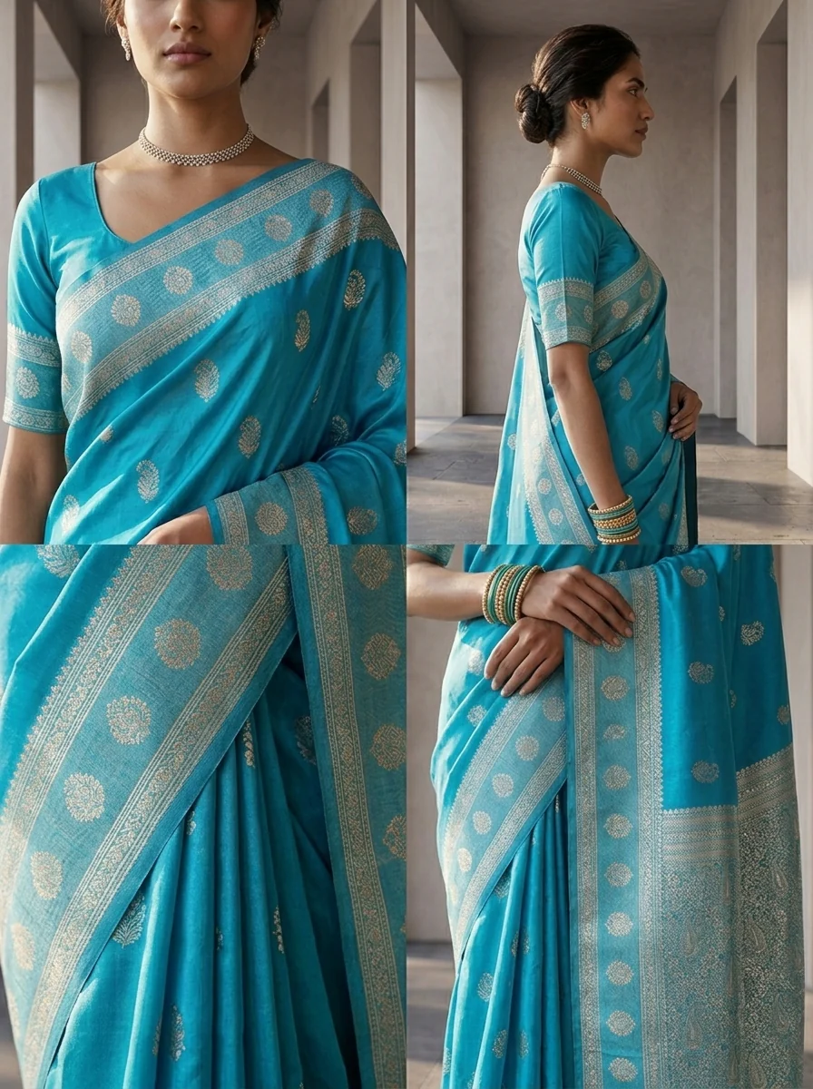Sky Blue Silk Saree With Silver Zari Woven Border and Buti Design - Image 4