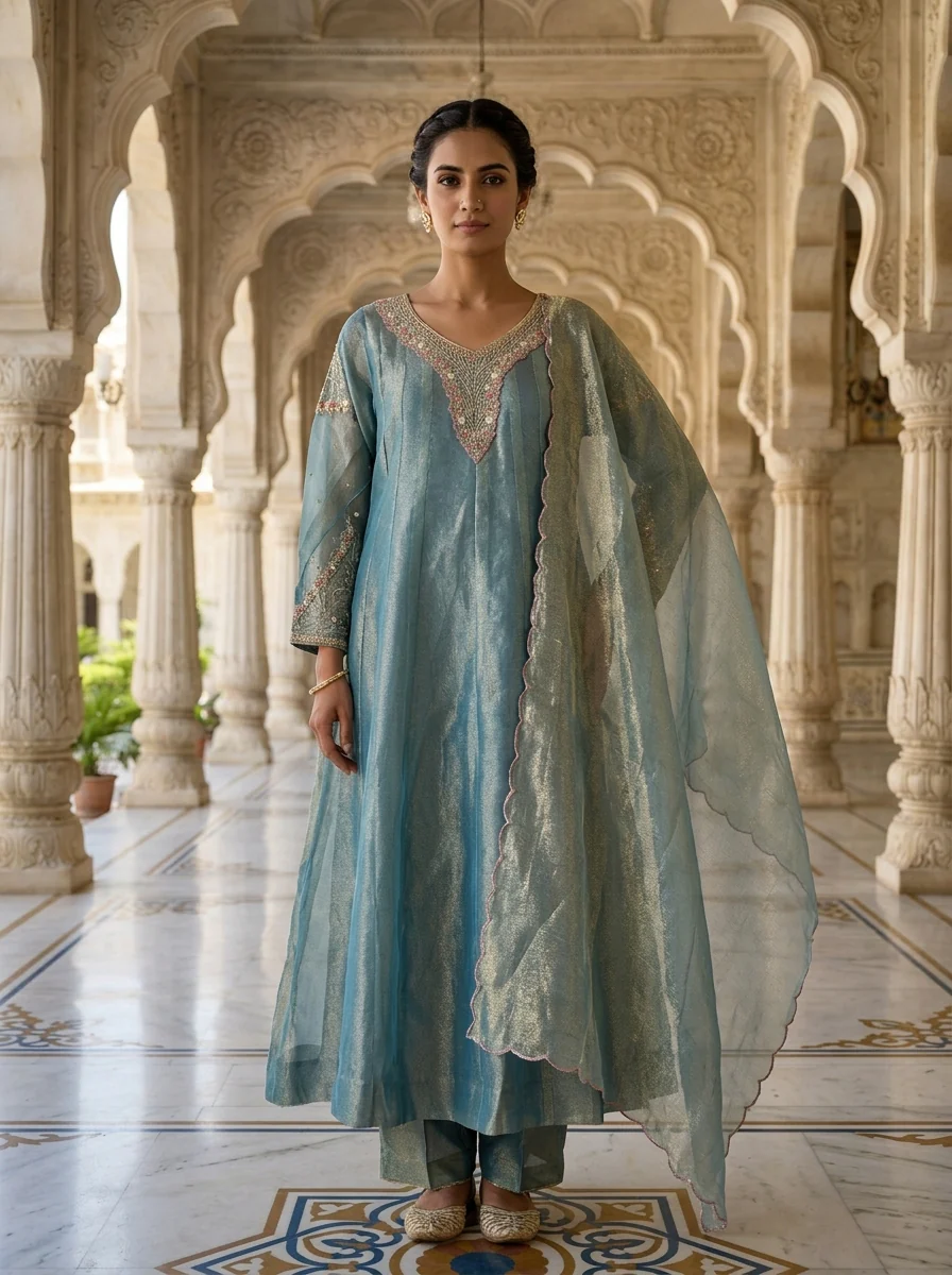 Sky Blue Tissue Beads Embroidery Three Piece Set