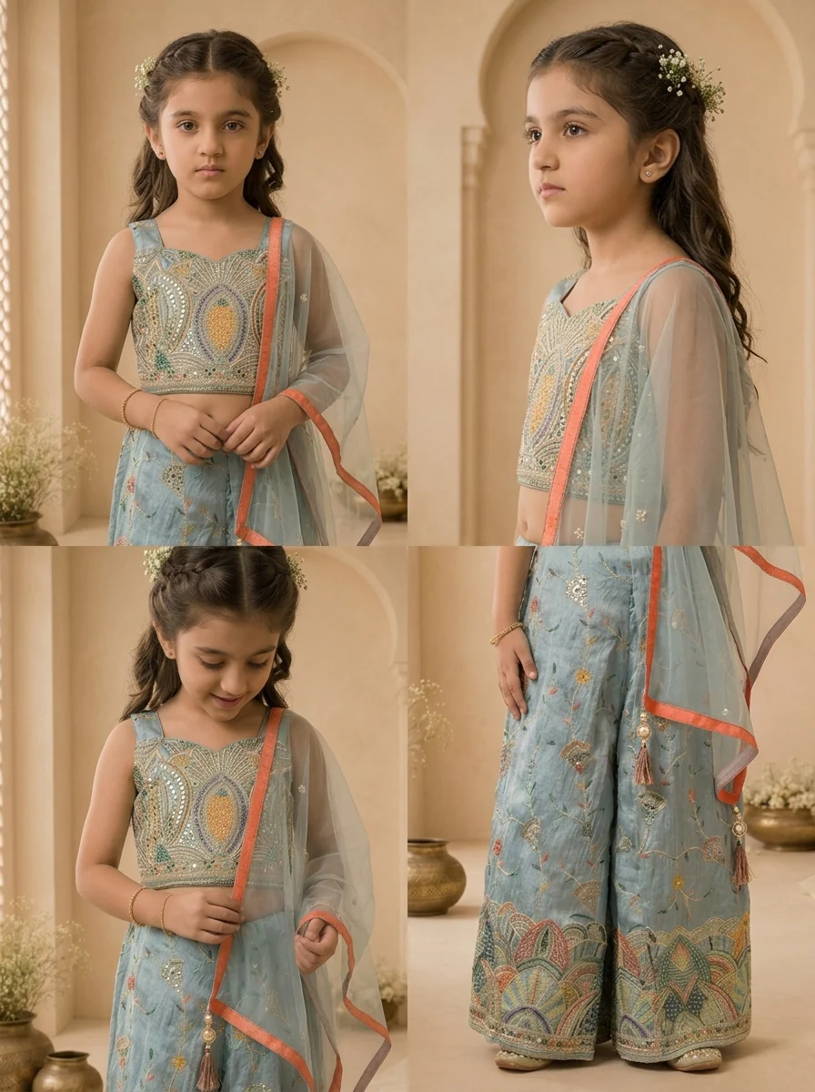 Sky Blue Tissue Floral Thread Embroidered Palazzo Set - Image 5