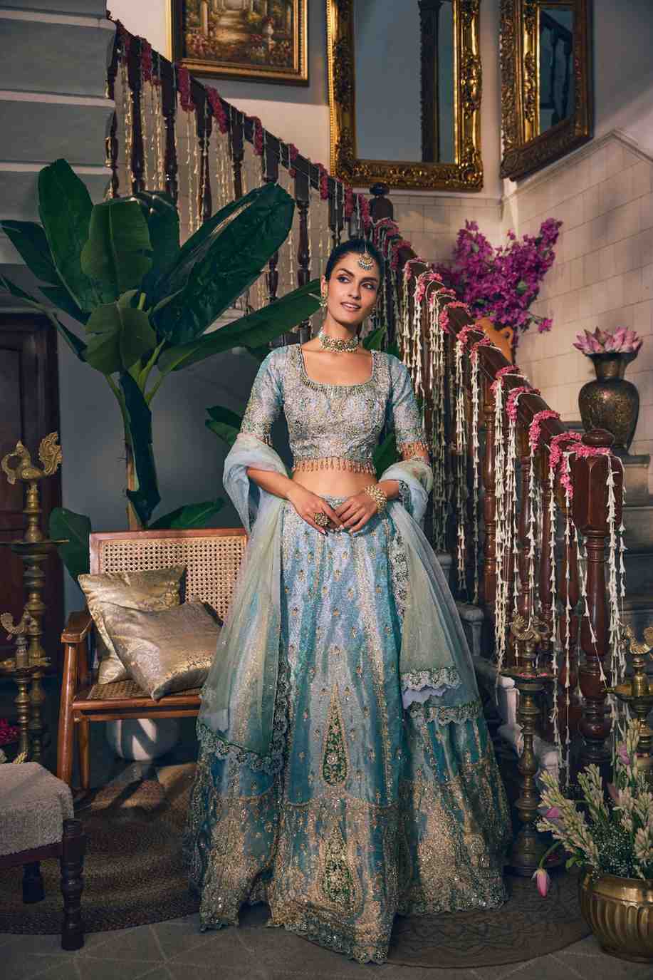 Sky Blue Tissue Zari Embroidery Ghagra Set - Image 2