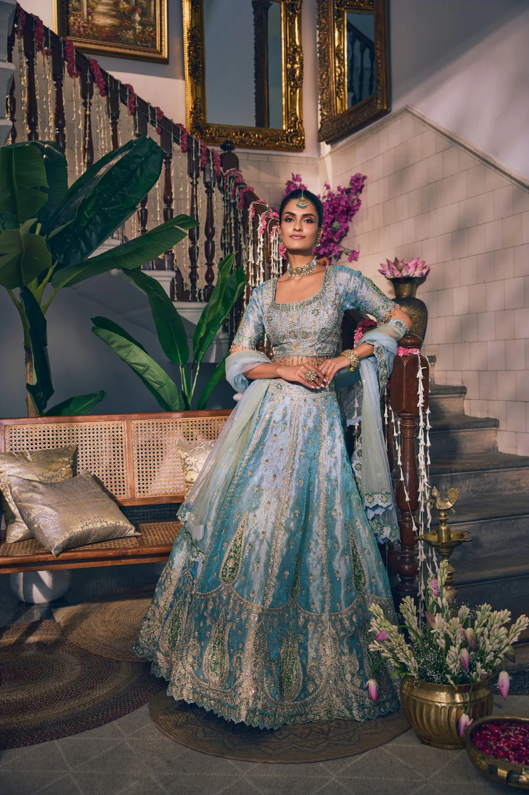 Sky Blue Tissue Zari Embroidery Ghagra Set - Image 4