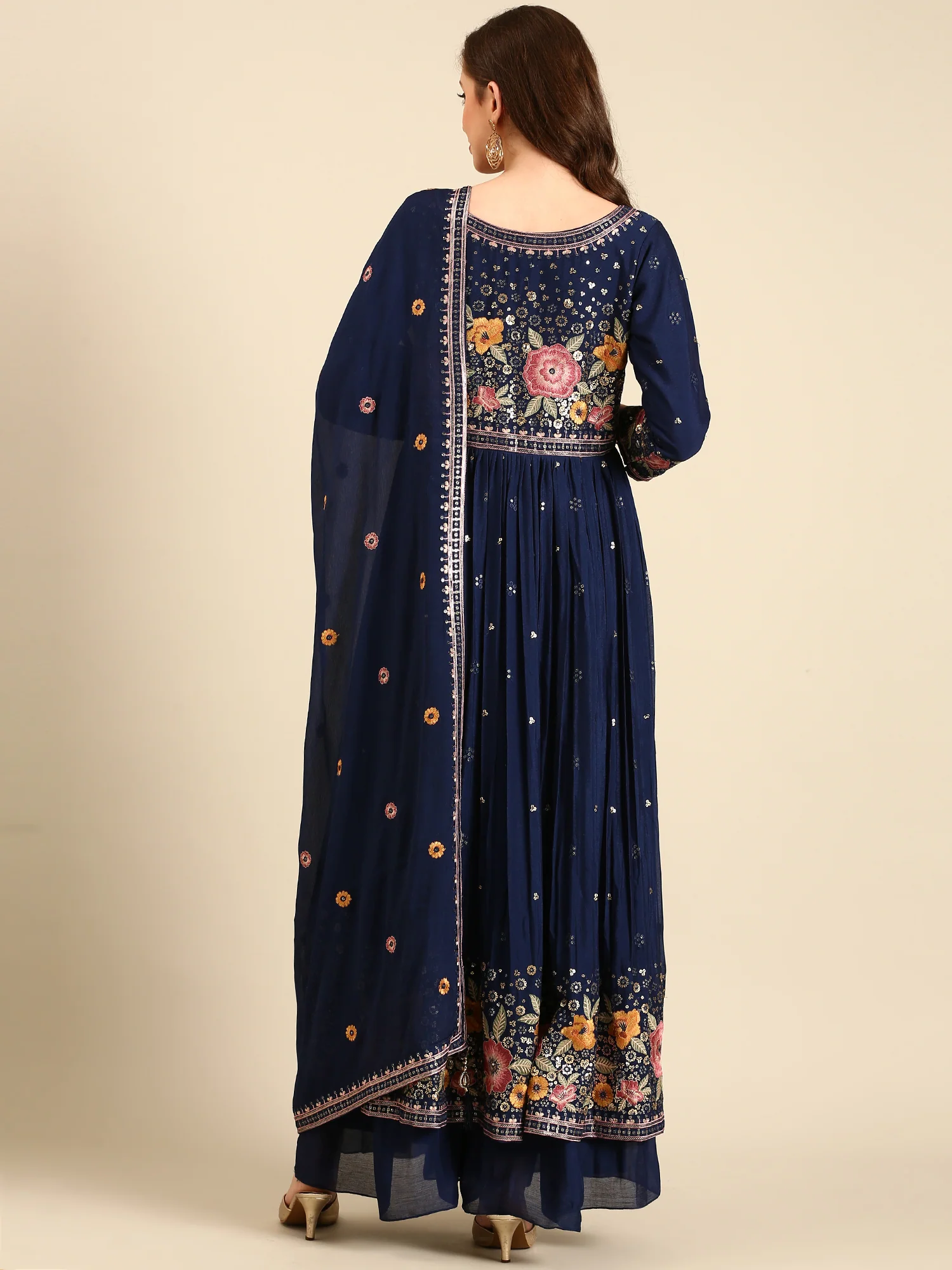 Teal Blue Chinon Fabric Embroiderey Kali Palazoo With Front Slit - Image 3