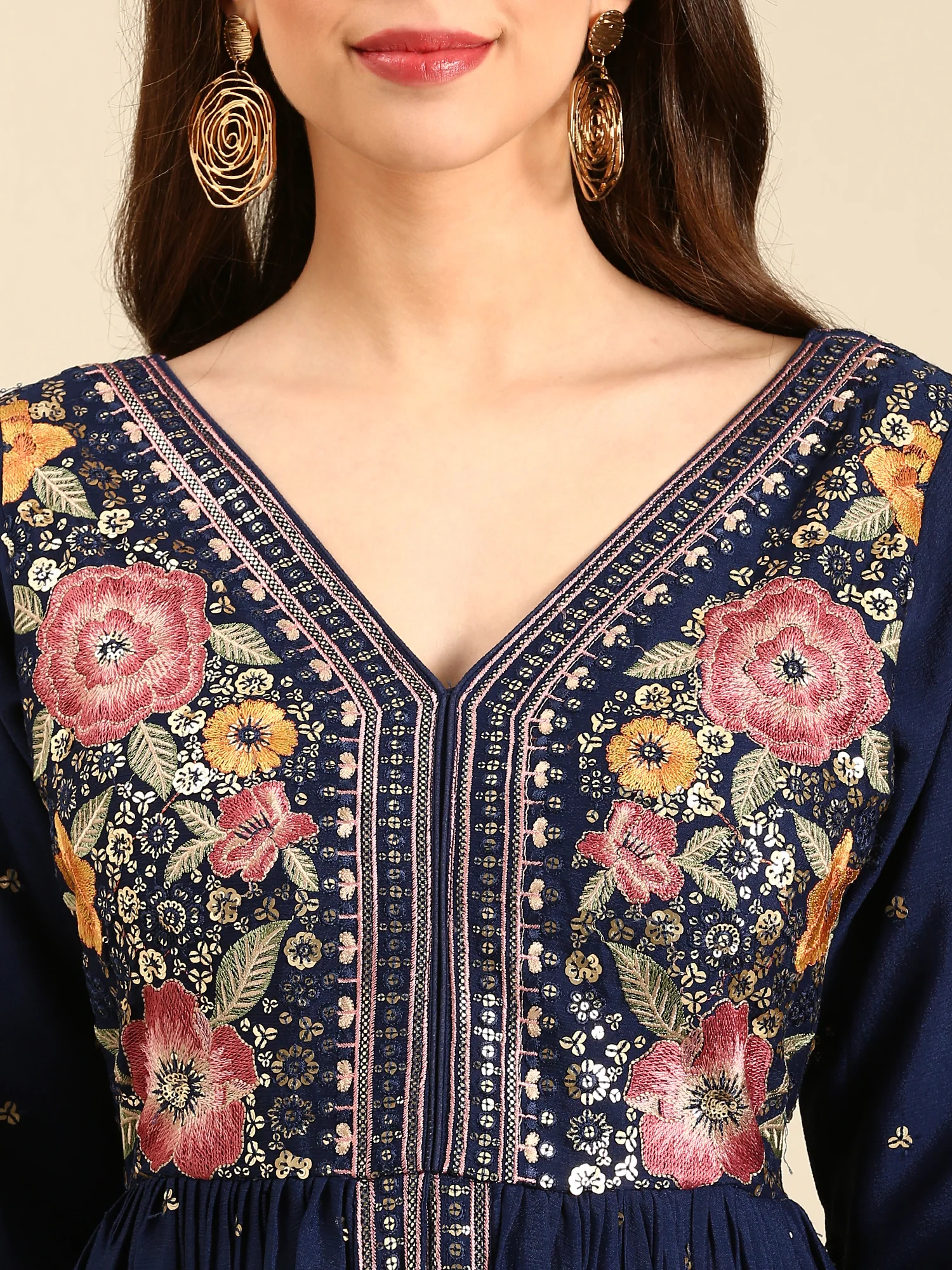 Teal Blue Chinon Fabric Embroiderey Kali Palazoo With Front Slit - Image 4